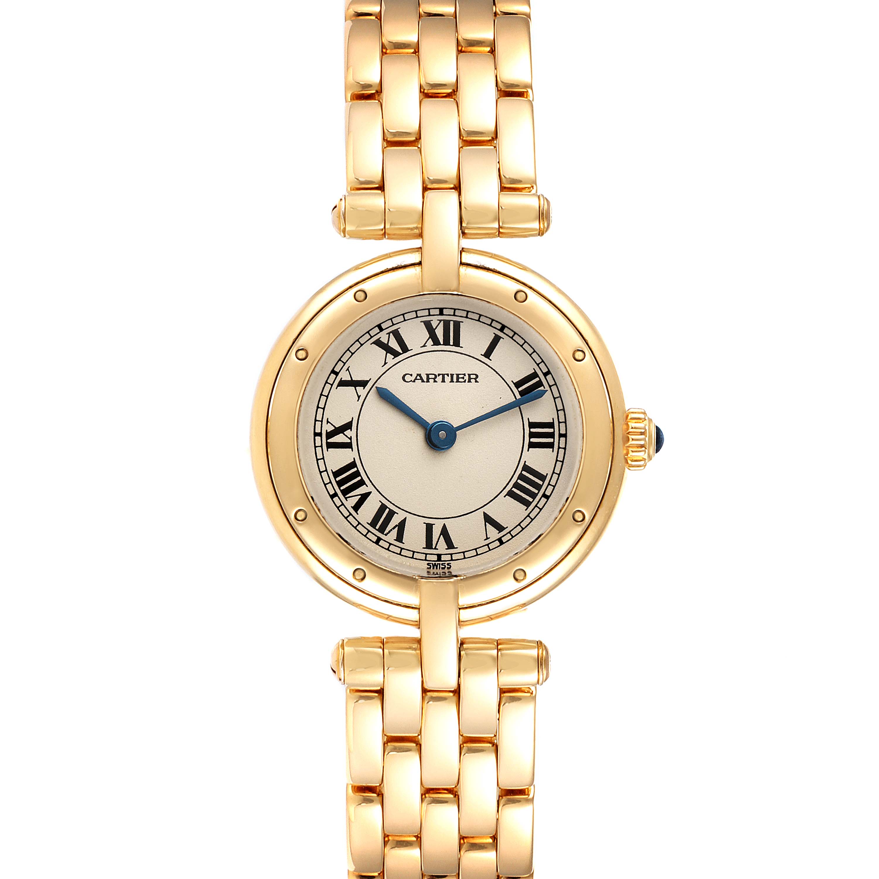 This image shows a Cartier Panthere 6692 Women's Yellow Gold Silver Dial 6692 Women's Yellow Gold Silver Dial model watch from a top view, highlighting the round face, bezel, and part of the gold bracelet.