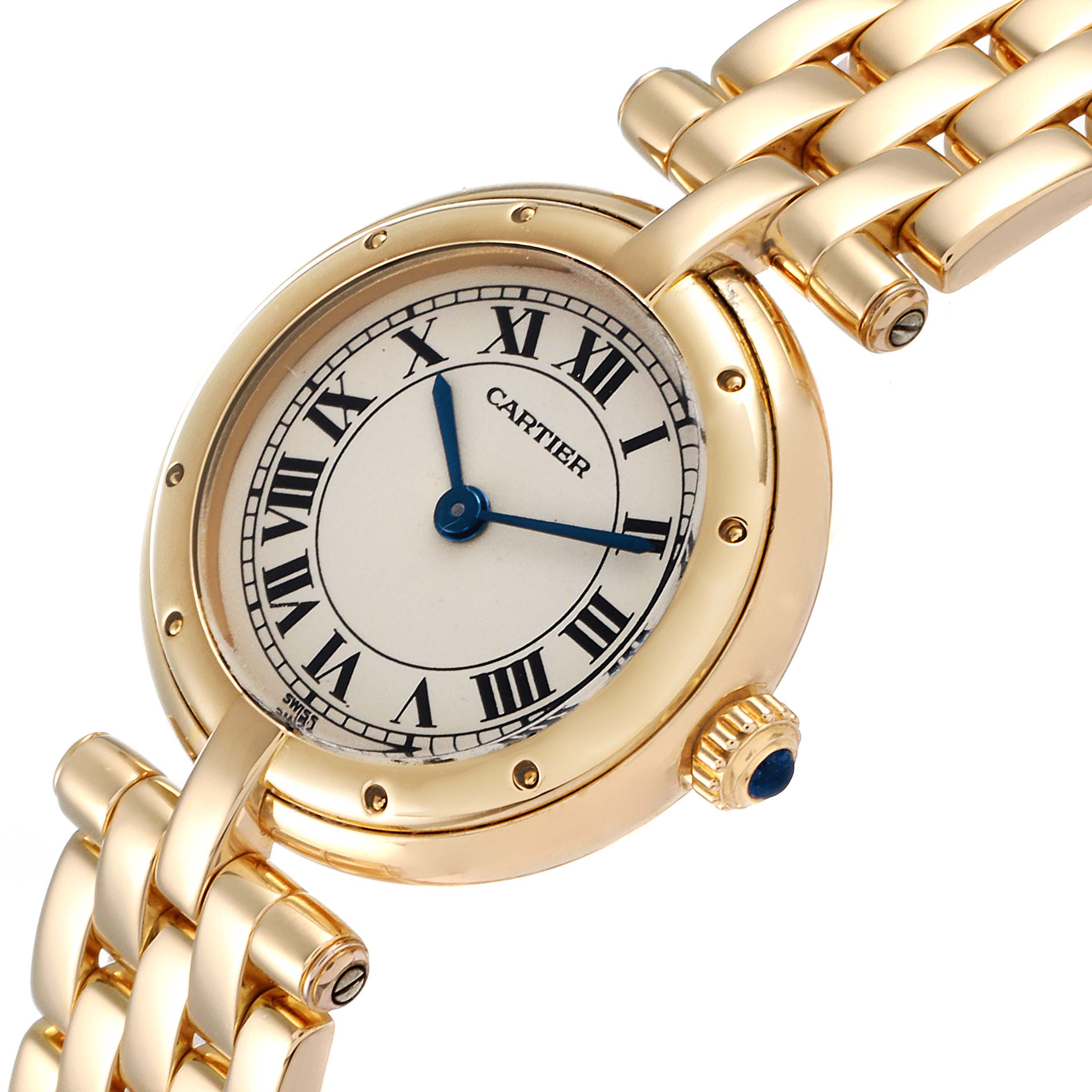 The Cartier Panthere 6692 Women's Yellow Gold Silver Dial 6692 Women's Yellow Gold Silver Dial watch is shown at a slight angle, revealing its gold casing, Roman numeral dial, and part of the bracelet.