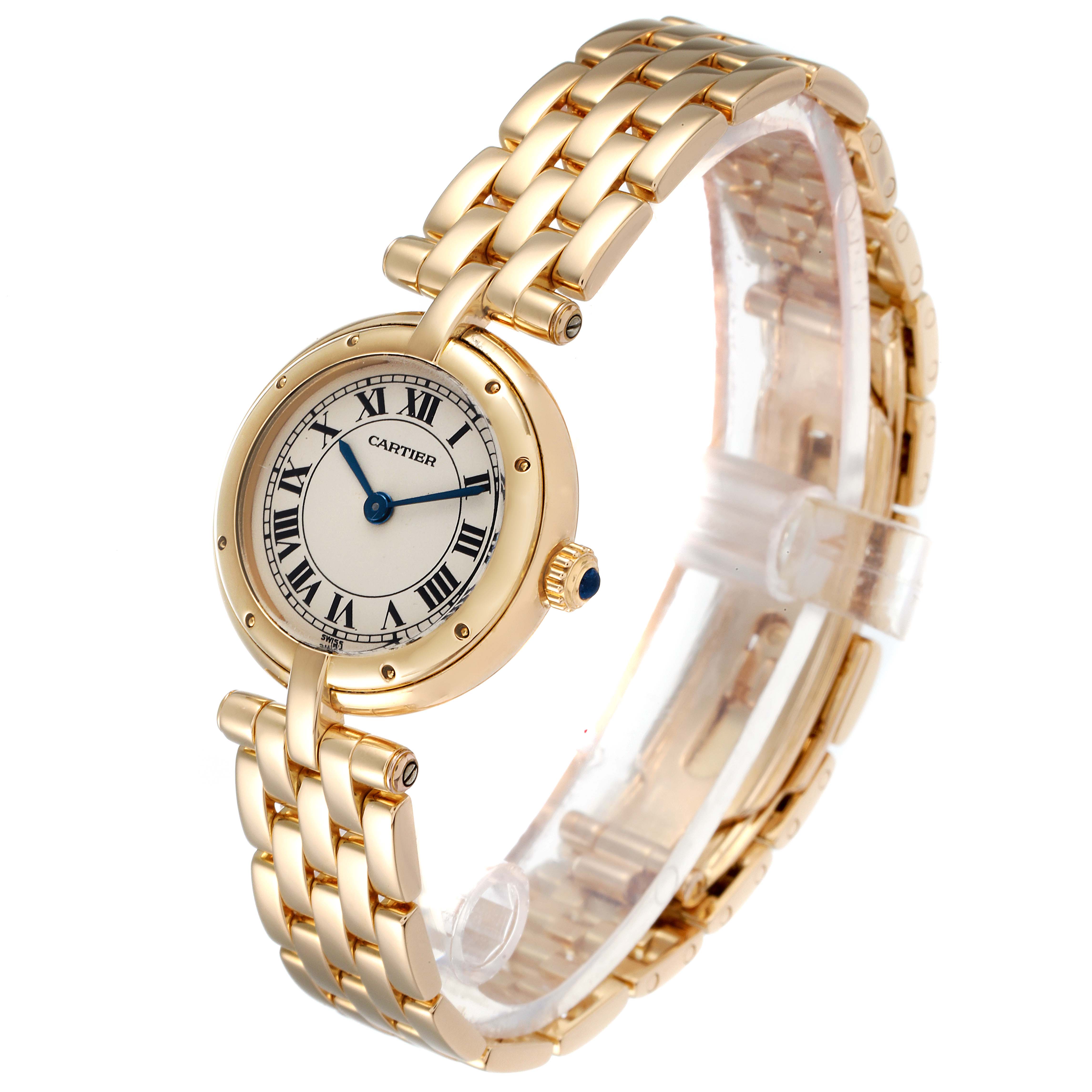 This image shows a gold Cartier Panthere 6692 Women's Yellow Gold Silver Dial 6692 Women's Yellow Gold Silver Dial model watch from a side angle, highlighting its circular dial and bracelet.