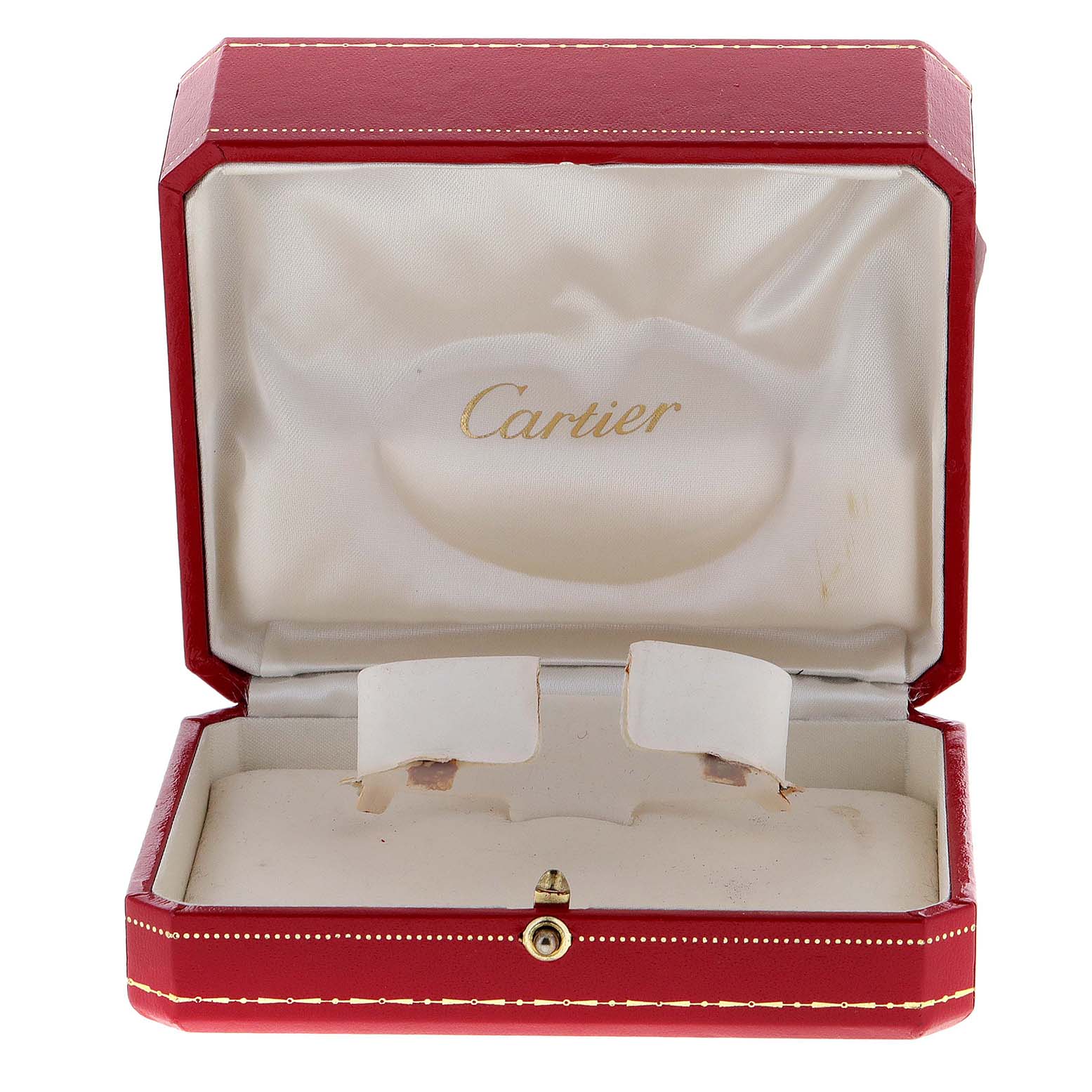 This image shows an open red Cartier box for a Panthere model watch, featuring white inner padding.