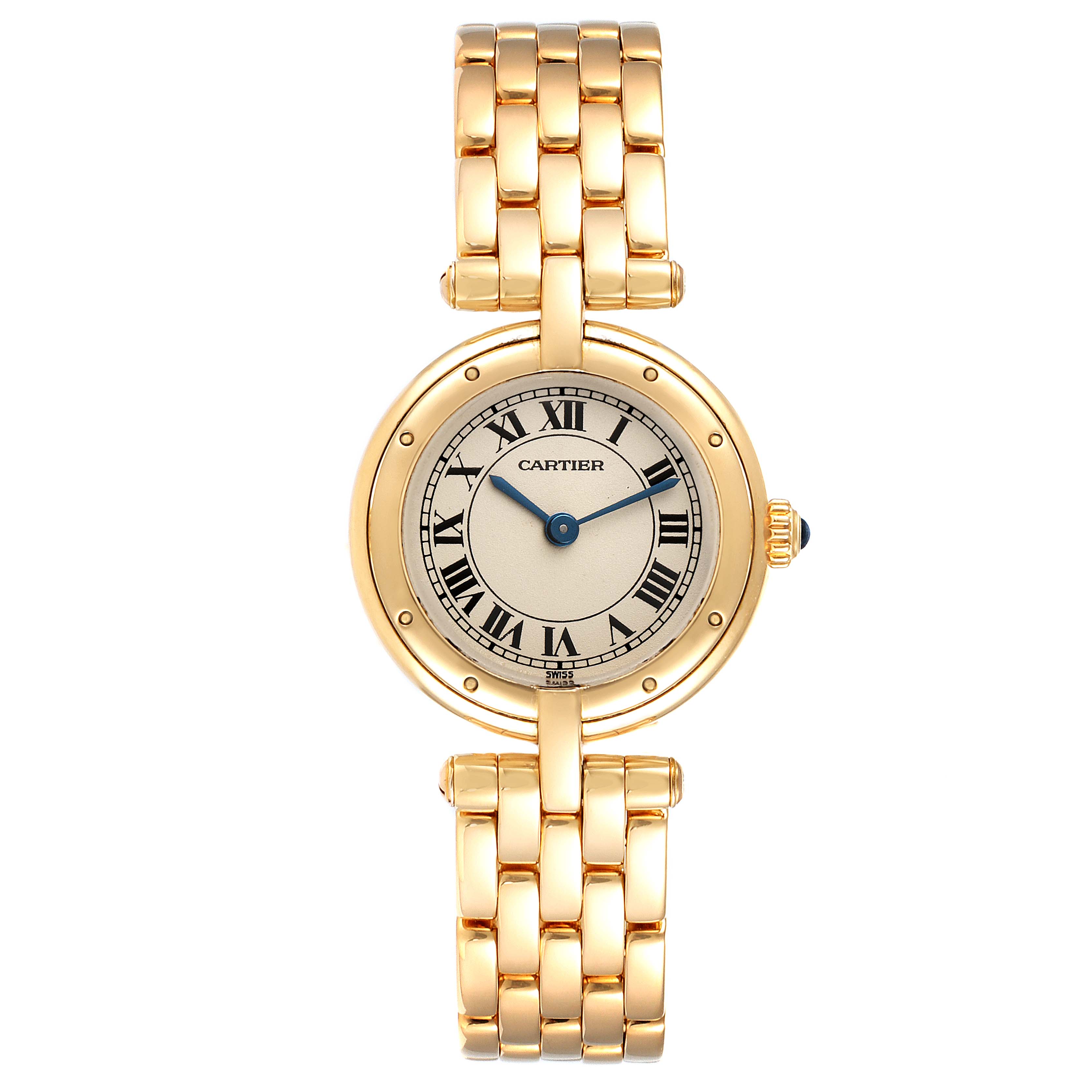 This image shows a Cartier Panthere 6692 Women's Yellow Gold Silver Dial 6692 Women's Yellow Gold Silver Dial watch from a top-down angle, detailing the face, bracelet, and crown.