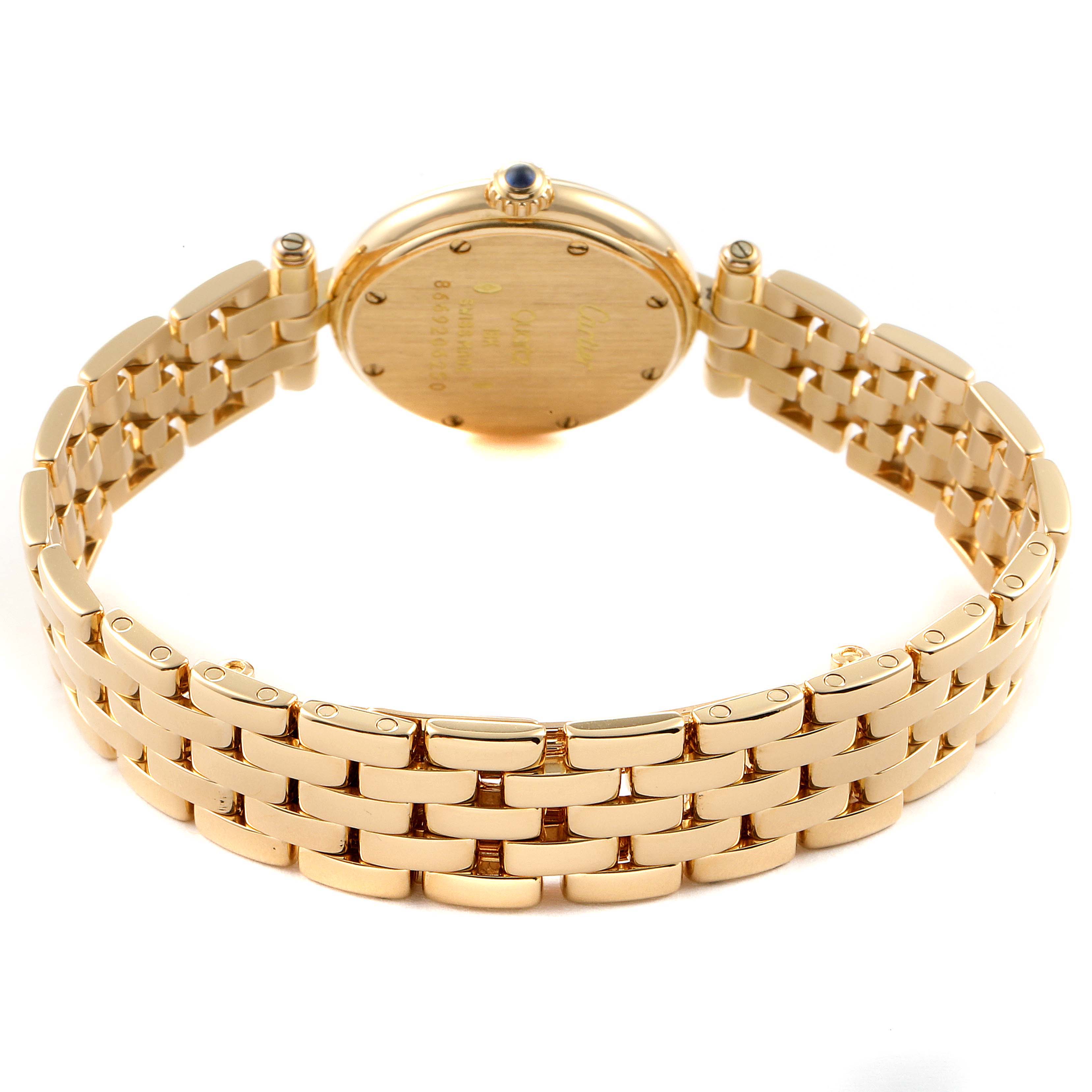 This image shows the back view of a Cartier Panthere 6692 Women's Yellow Gold Silver Dial 6692 Women's Yellow Gold Silver Dial watch, highlighting its gold bracelet and case back.