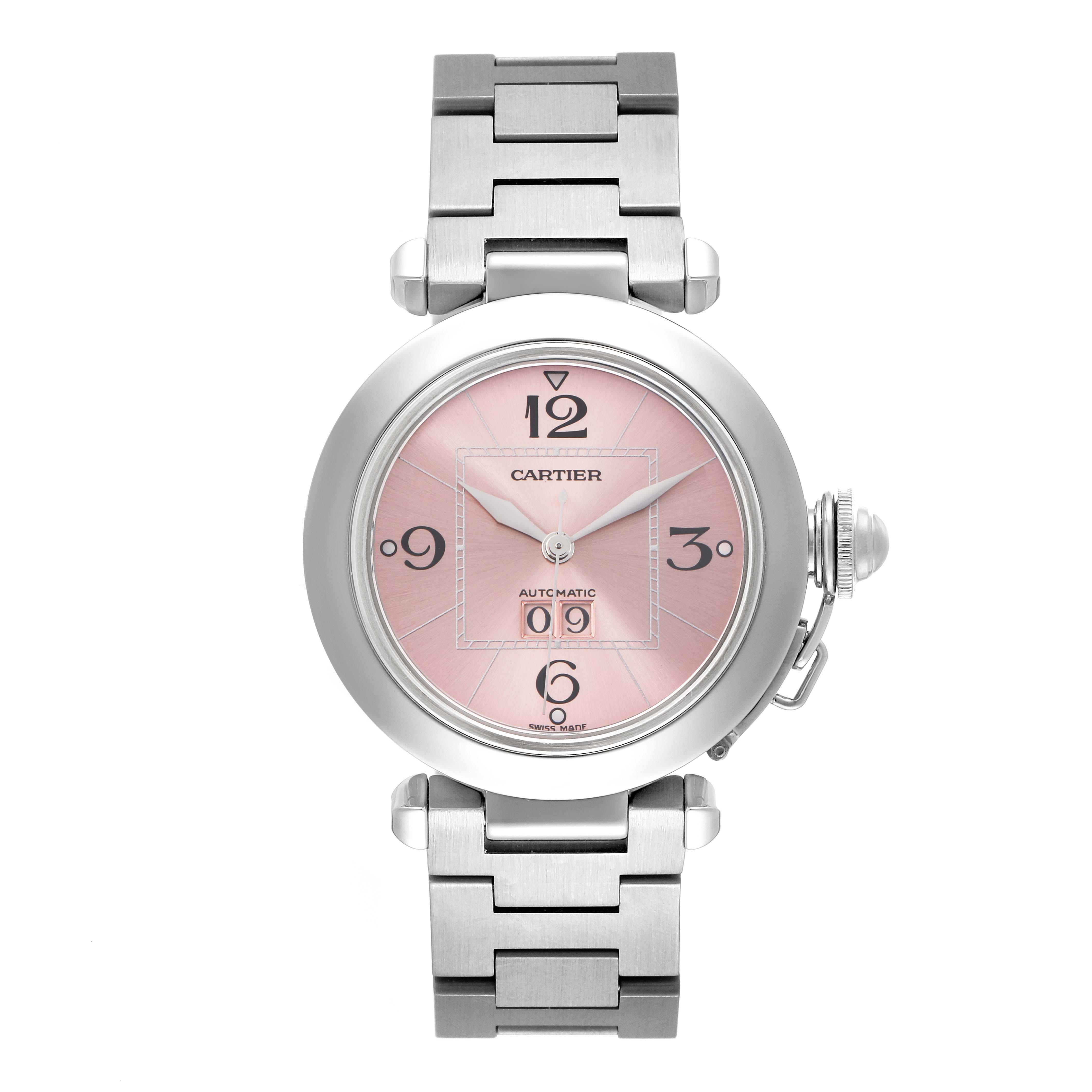 The Cartier Pasha model W31058M7 men's watch is shown from a front angle, displaying its pink dial, hands, and stainless steel bracelet.