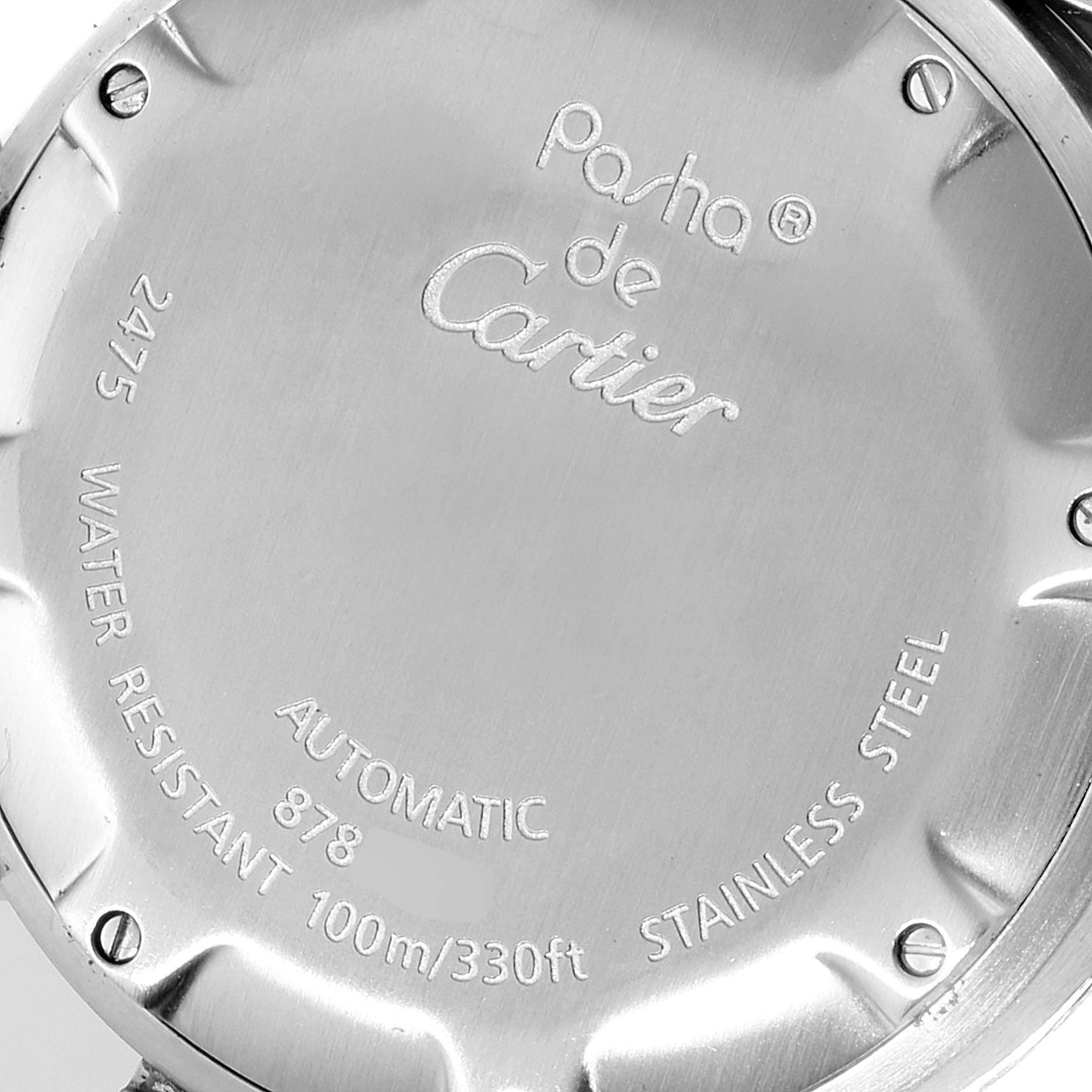The image shows the back case of the Cartier Pasha W31044M7 Women's Stainless Steel White Dial W31044M7 Women's Stainless Steel White Dial watch, including engravings with model details and specifications.