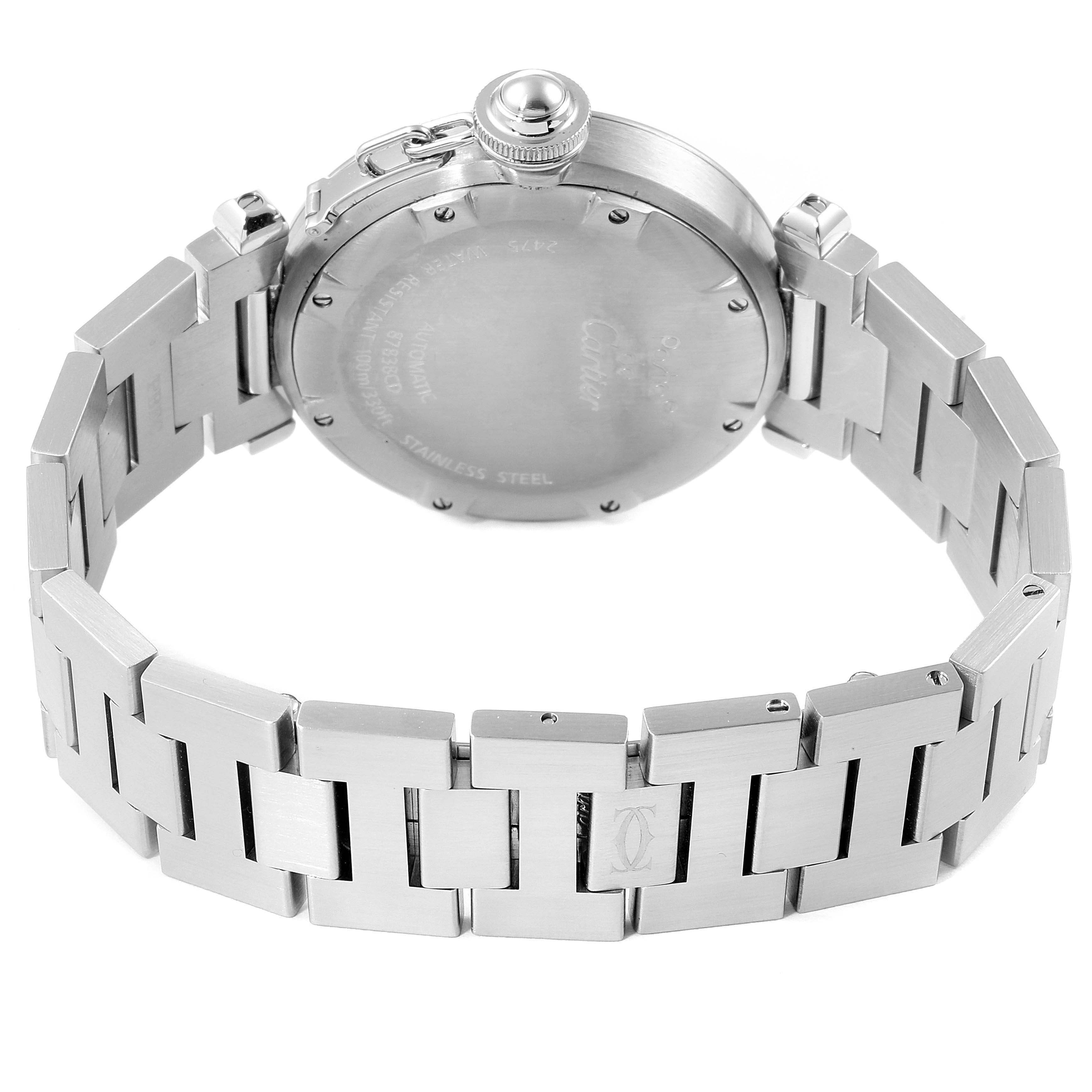 This image shows the back case and stainless steel bracelet of the Cartier Pasha W31044M7 Women's Stainless Steel White Dial W31044M7 Women's Stainless Steel White Dial watch.