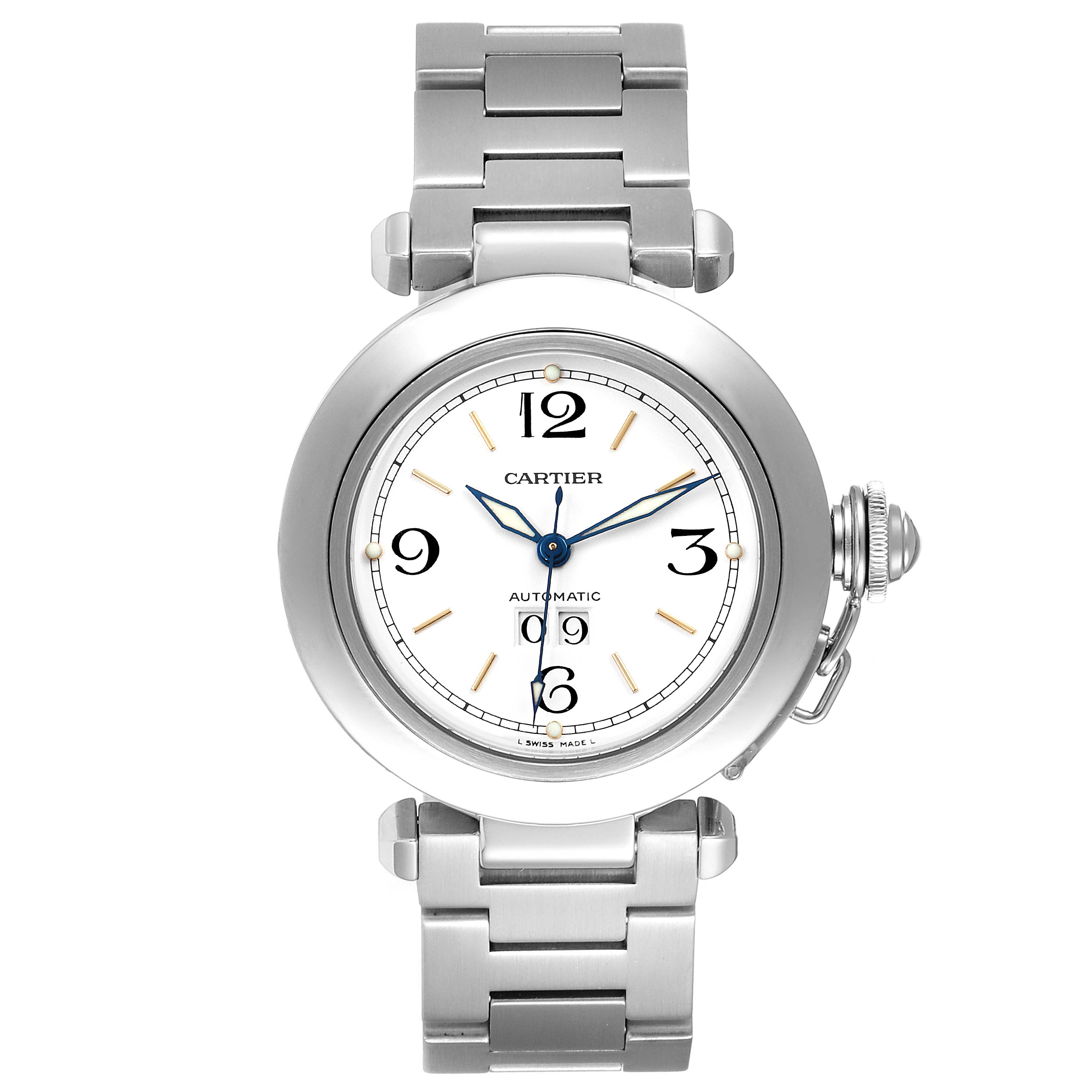 The image shows a front view of a Cartier Pasha W31044M7 Women's Stainless Steel White Dial W31044M7 Women's Stainless Steel White Dial watch, displaying the dial, bracelet, and crown.