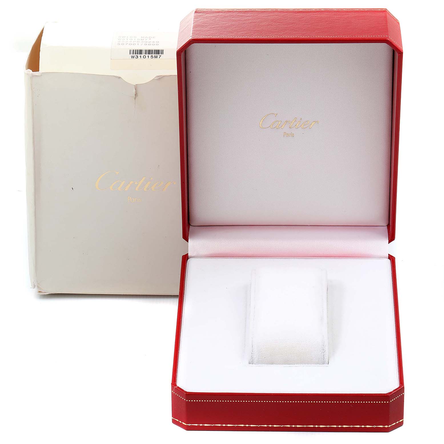 The image shows an empty red Cartier Pasha W31044M7 Women's Stainless Steel White Dial W31044M7 Women's Stainless Steel White Dial watch box with its white outer box.