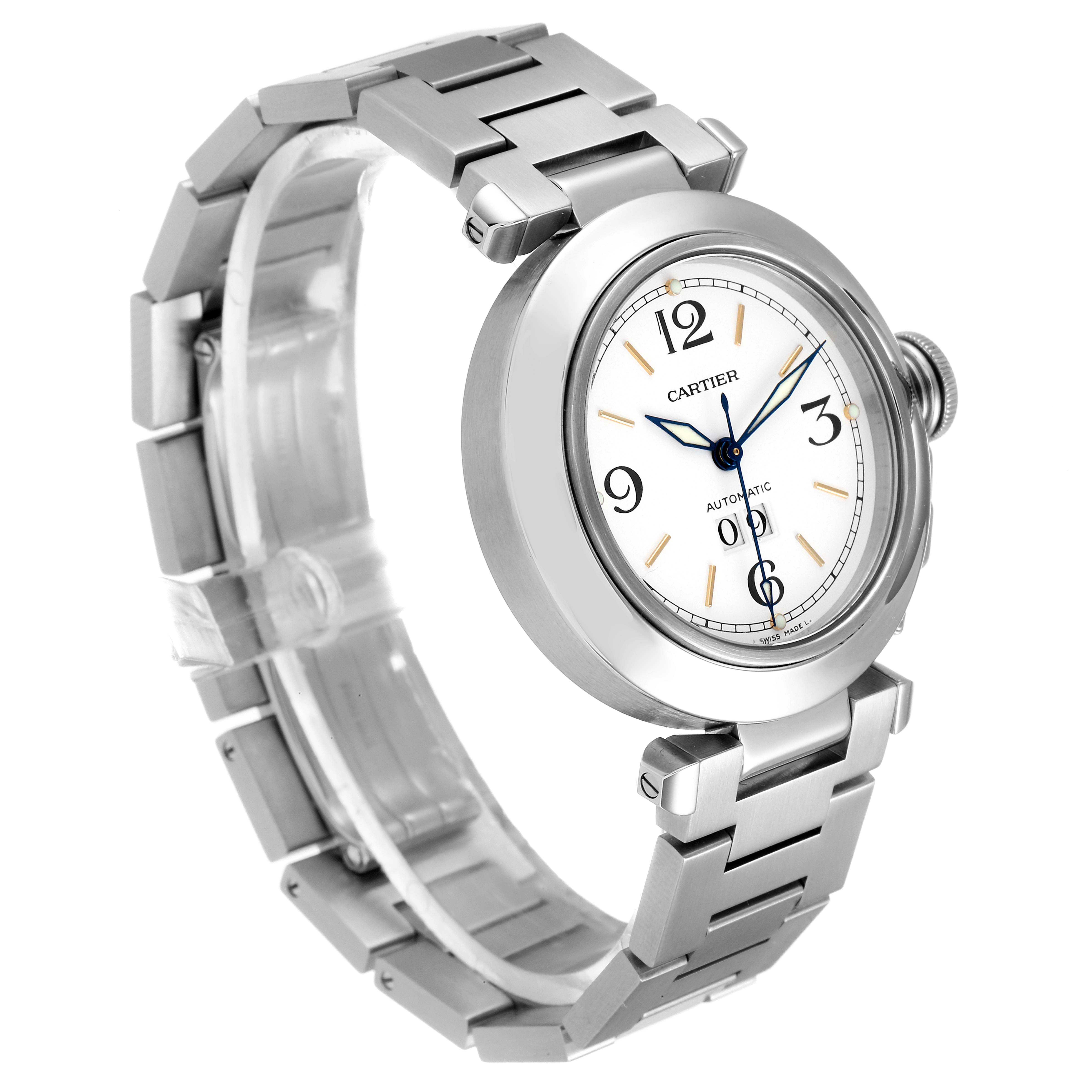 The image shows a side and frontal angle of the Cartier Pasha W31044M7 Women's Stainless Steel White Dial W31044M7 Women's Stainless Steel White Dial watch, highlighting its case, dial, and stainless steel bracelet.