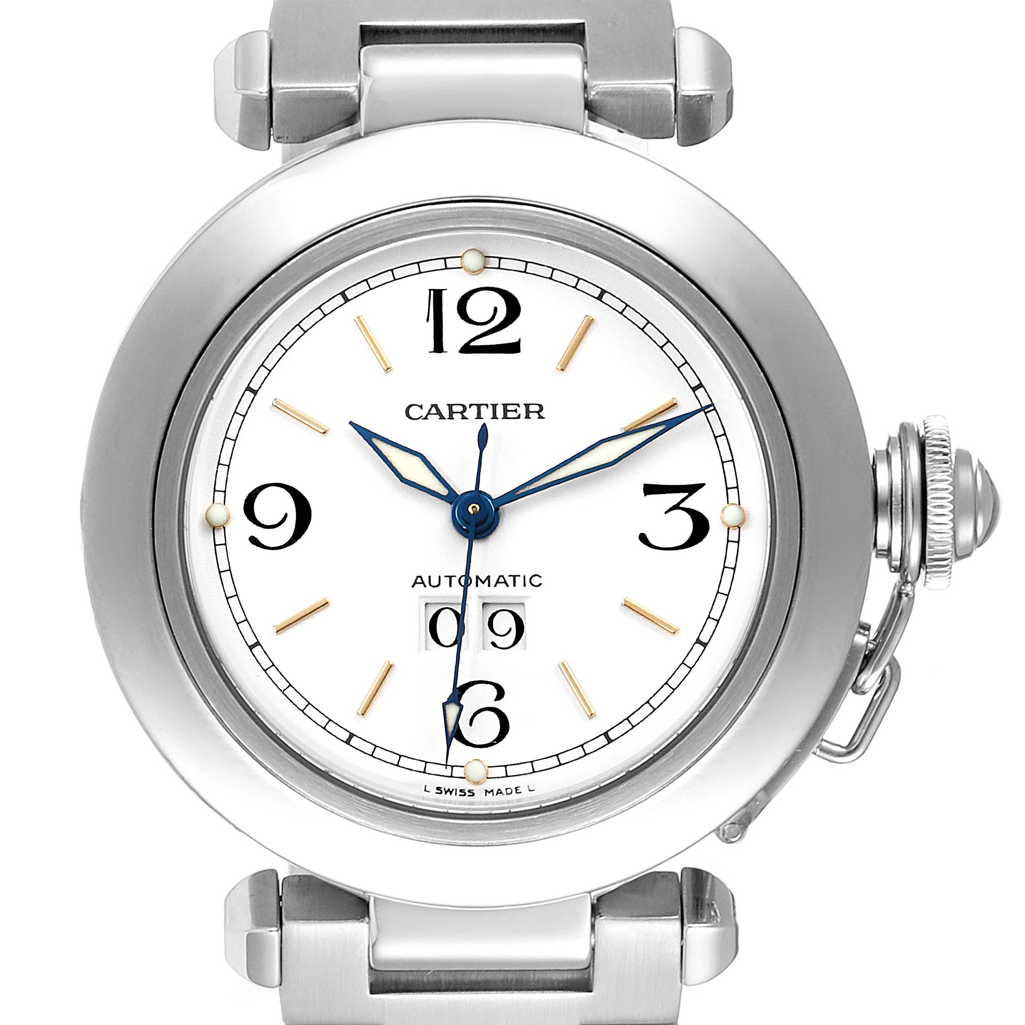 The image shows a front view of the Cartier Pasha W31044M7 Women's Stainless Steel White Dial W31044M7 Women's Stainless Steel White Dial model watch, highlighting the face, bezel, crown, and part of the bracelet.