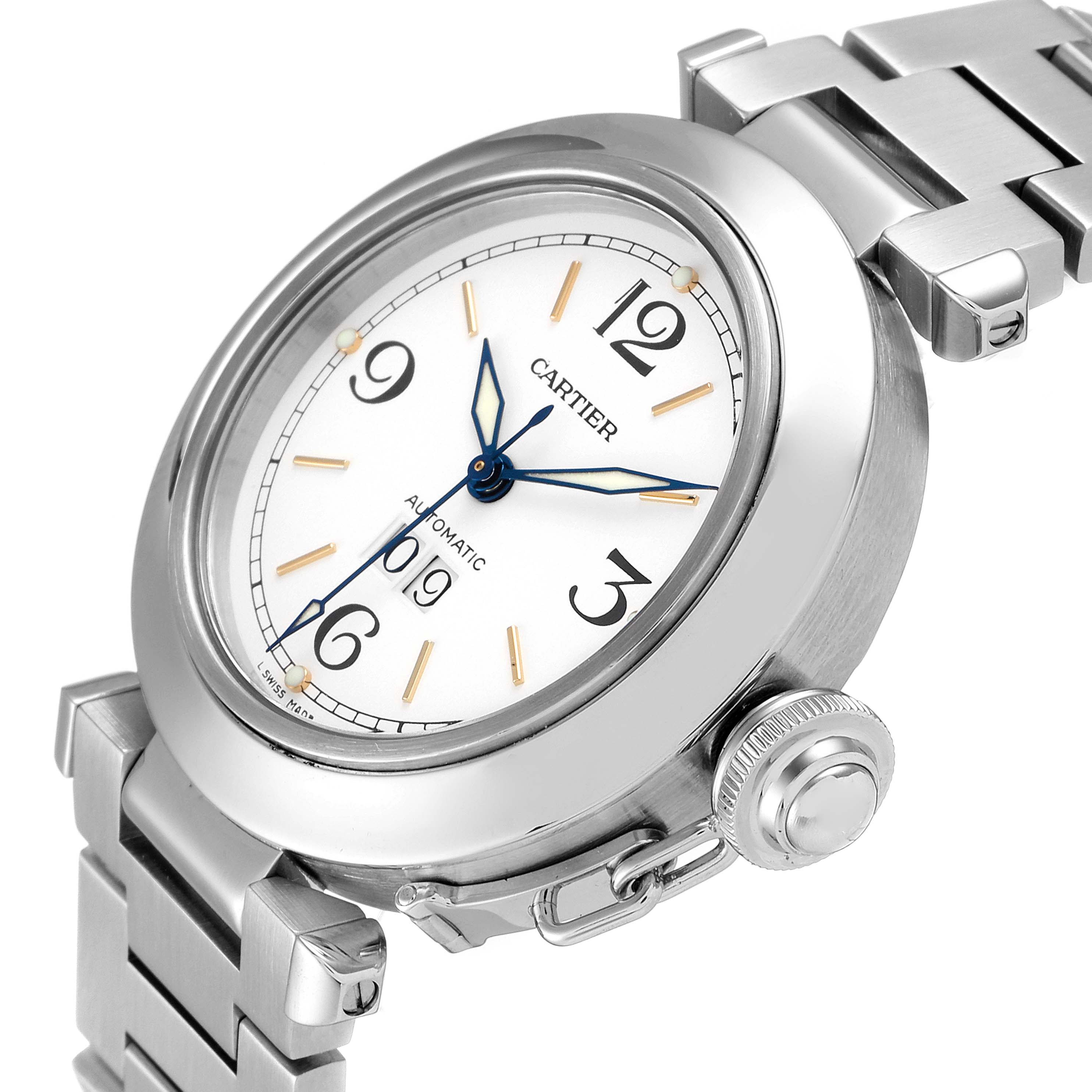 The image shows a side view of the Cartier Pasha W31044M7 Women's Stainless Steel White Dial W31044M7 Women's Stainless Steel White Dial watch, highlighting its face, crown, and stainless steel bracelet.