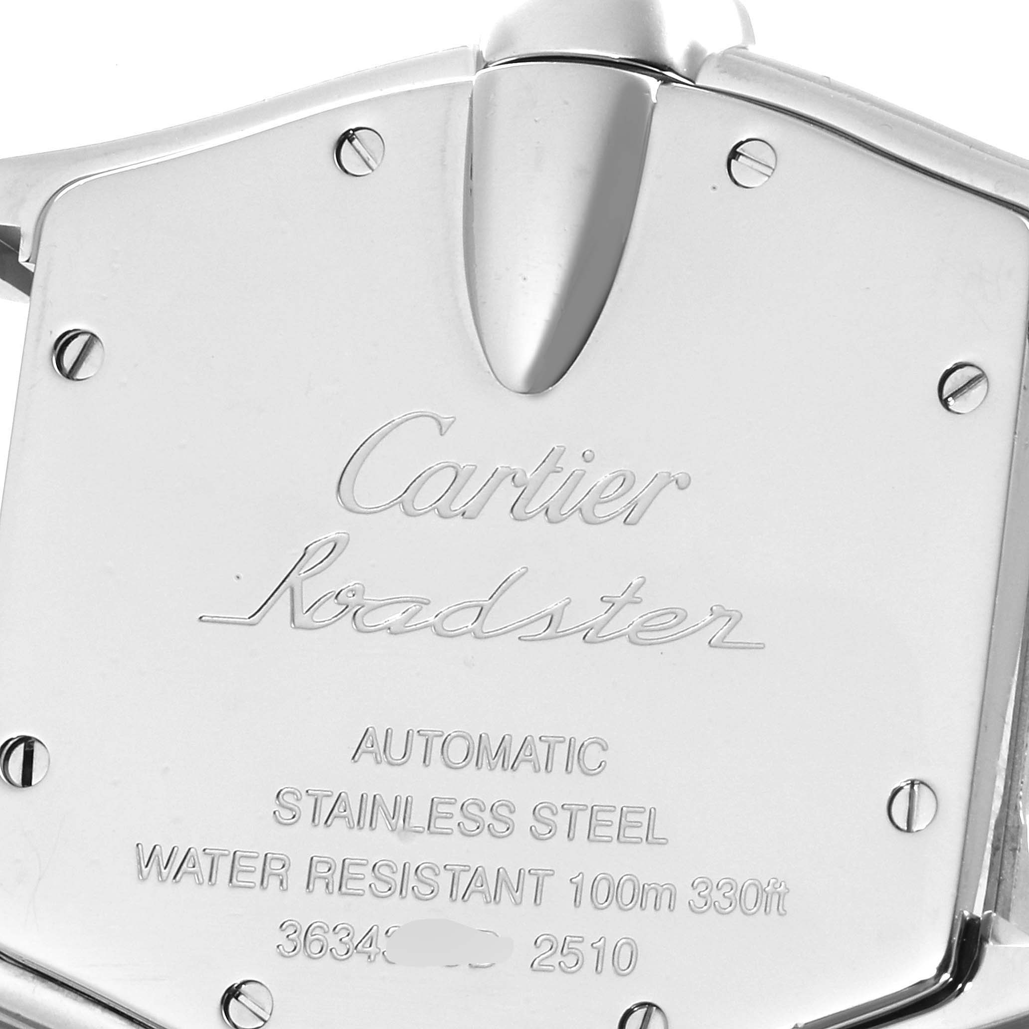 This image shows the back case of a Cartier Roadster W62002V3 Men
s Stainless Steel Black Dial W62002V3 Men
s Stainless Steel Black Dial watch, highlighting the engravings and screw details.