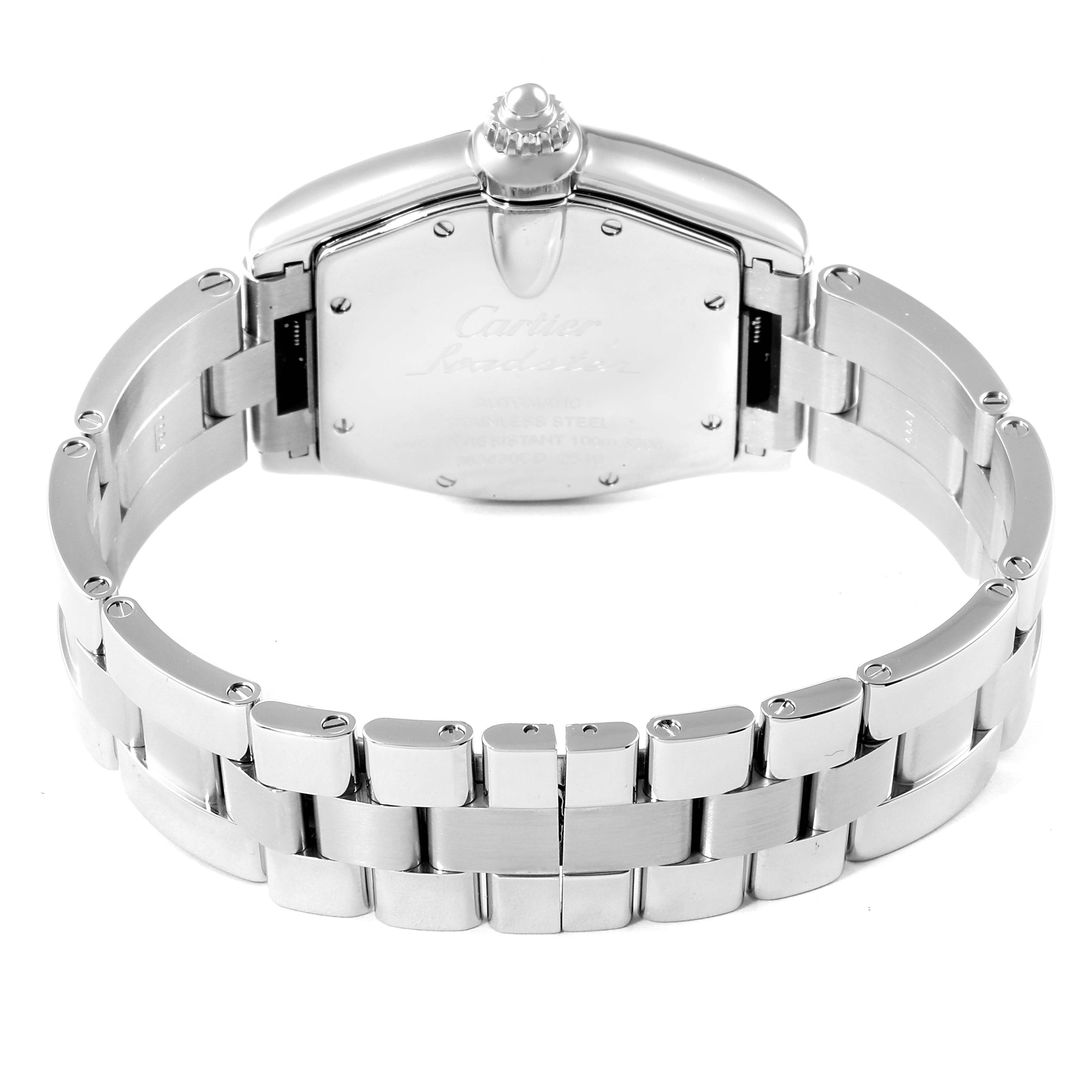 The image shows the back view of the Cartier Roadster W62002V3 Men
s Stainless Steel Black Dial W62002V3 Men
s Stainless Steel Black Dial watch, highlighting its strap and caseback.