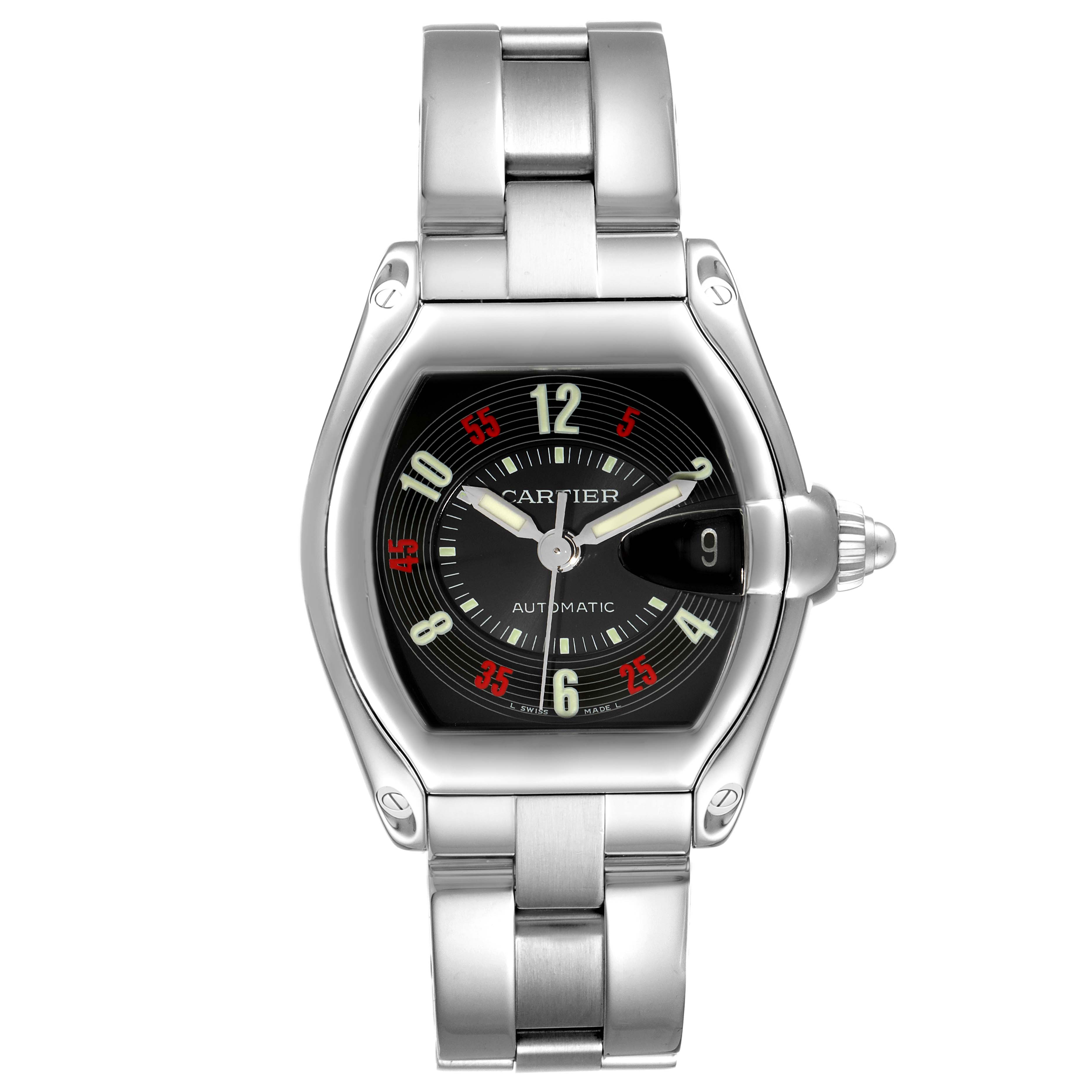 The image shows a Cartier Roadster W62002V3 Men
s Stainless Steel Black Dial W62002V3 Men
s Stainless Steel Black Dial watch, head-on, highlighting the dial, bezel, and bracelet.