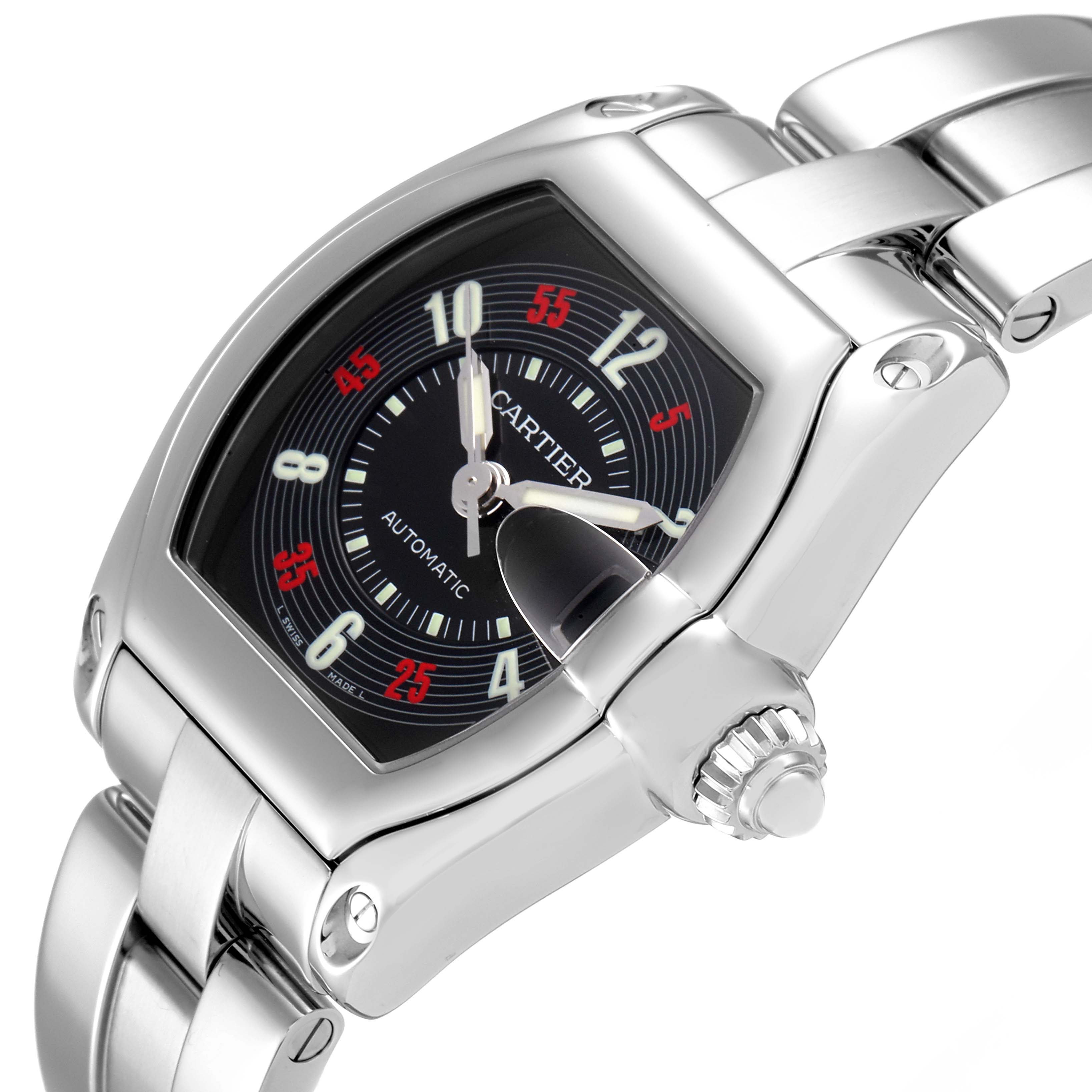 The image shows a Cartier Roadster W62002V3 Men
s Stainless Steel Black Dial W62002V3 Men
s Stainless Steel Black Dial watch at an oblique angle, highlighting the dial, case, and part of the bracelet.