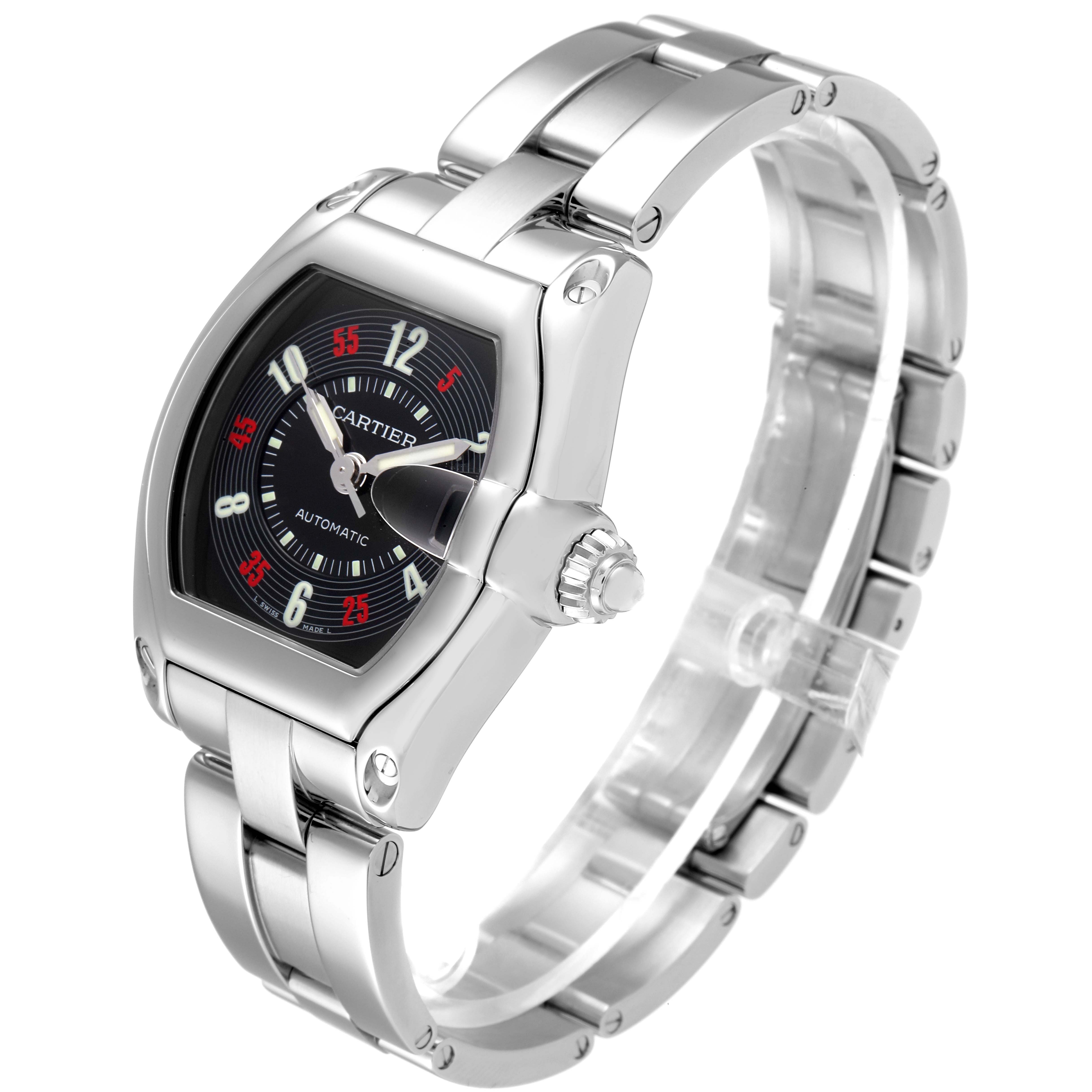 The image shows a Cartier Roadster W62002V3 Men
s Stainless Steel Black Dial W62002V3 Men
s Stainless Steel Black Dial watch from an angled side view, highlighting the face, crown, and stainless steel bracelet.