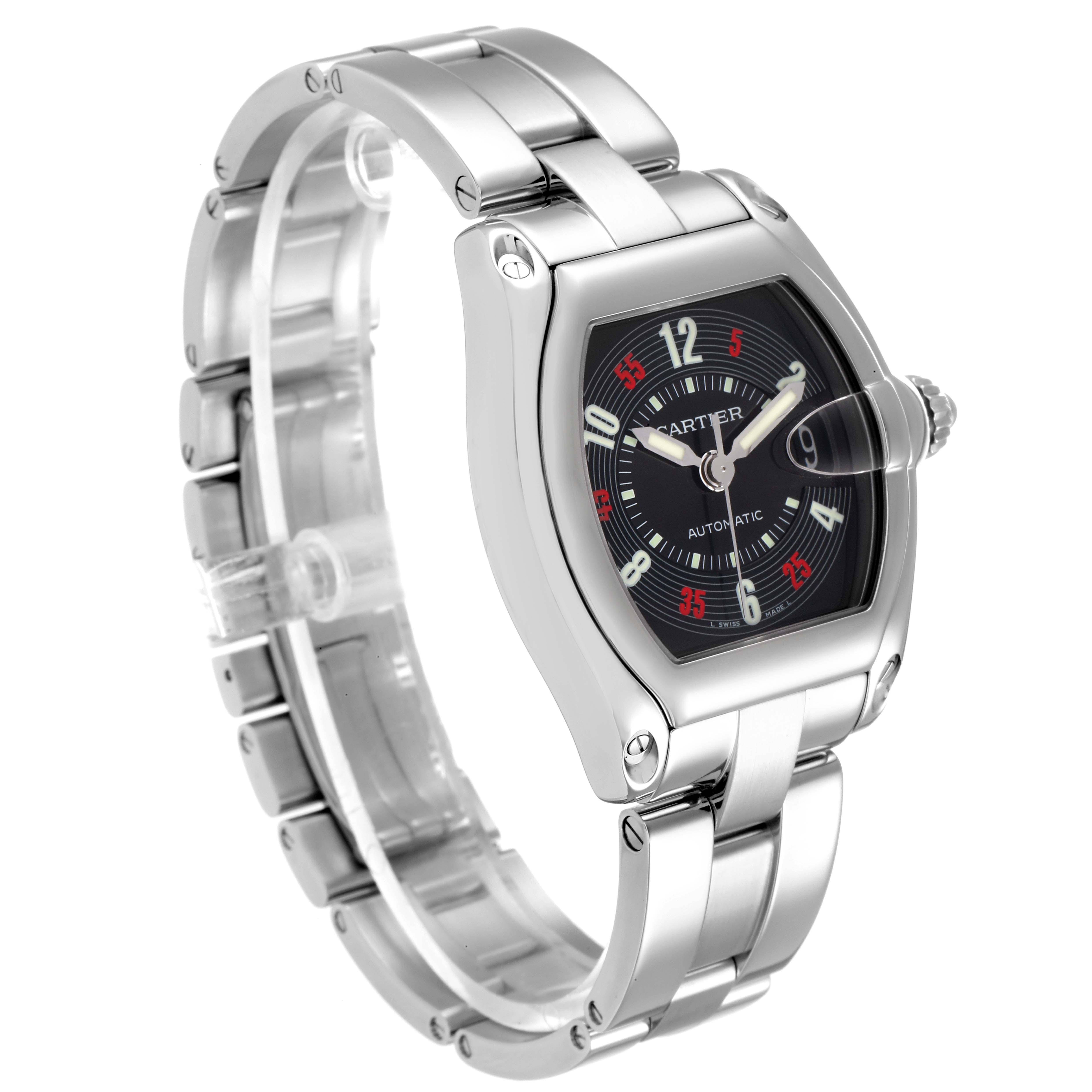 The image shows a Cartier Roadster W62002V3 Men
s Stainless Steel Black Dial W62002V3 Men
s Stainless Steel Black Dial model watch from an angled side view, highlighting its face and metal band.