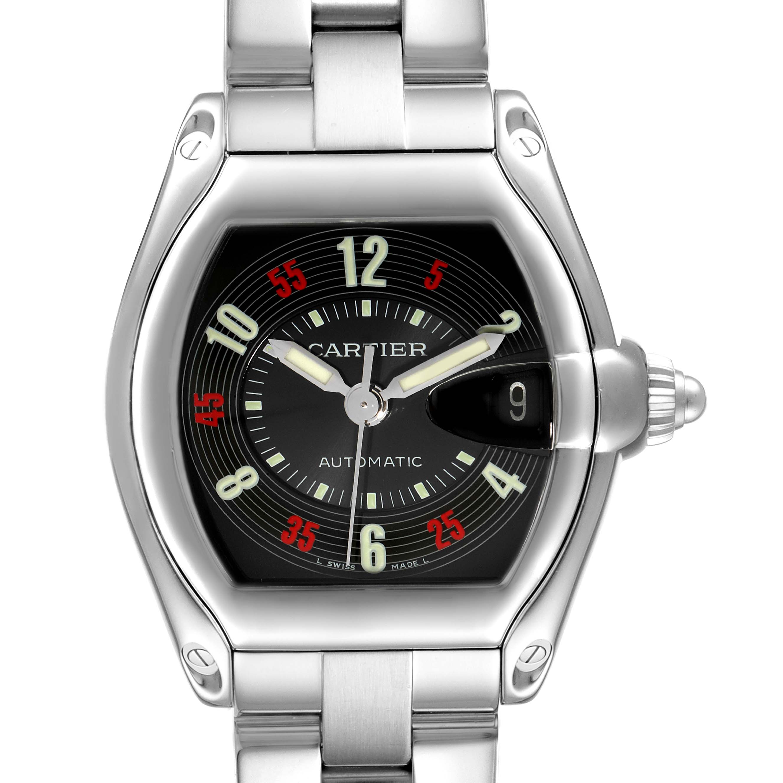 This image shows a top-down view of the Cartier Roadster W62002V3 Men
s Stainless Steel Black Dial W62002V3 Men
s Stainless Steel Black Dial watch, displaying its dial, bezel, case, and part of the bracelet.