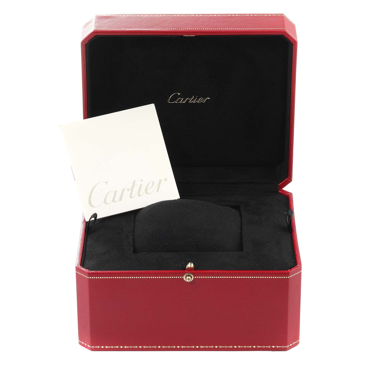 This image shows the open red box and instruction booklet for a Ronde model watch by Cartier.