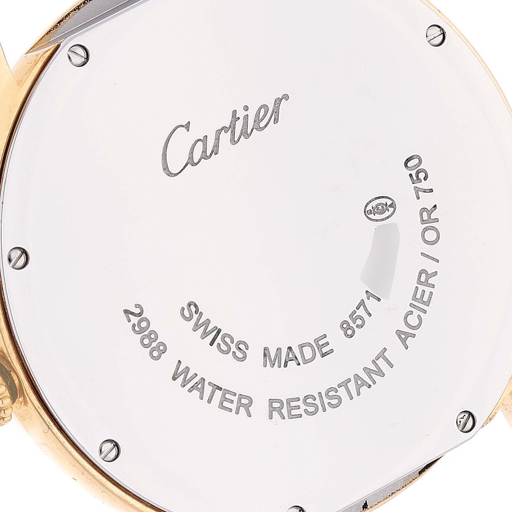 This image shows the back case of a Cartier Ronde W6700455 Men's Yellow Gold Silver Dial W6700455 Men's Yellow Gold Silver Dial watch, highlighting its engravings and screw details.