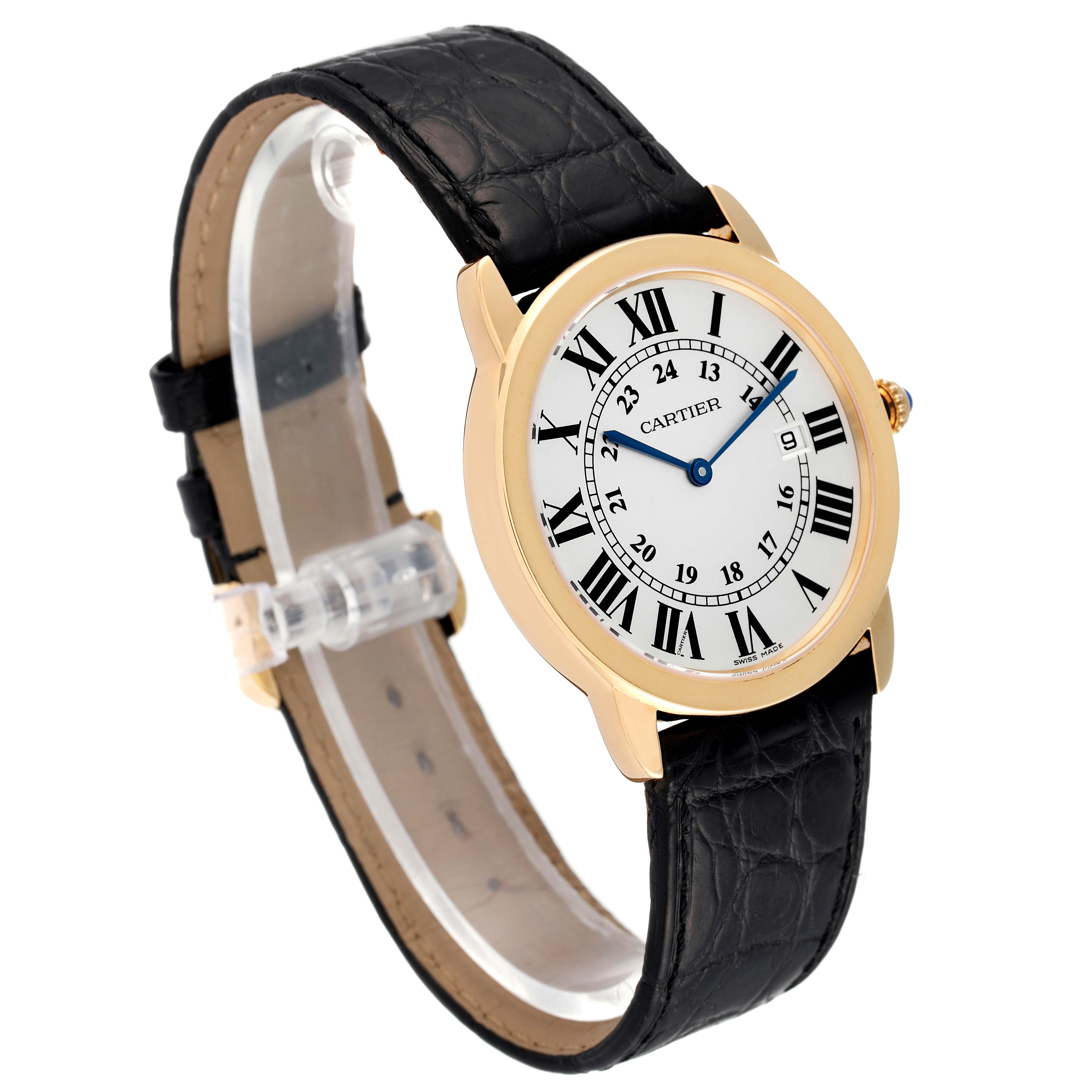 This image shows a frontal angled view of the Cartier Ronde W6700455 Men's Yellow Gold Silver Dial W6700455 Men's Yellow Gold Silver Dial watch, highlighting its dial, Roman numerals, case, and black leather strap.