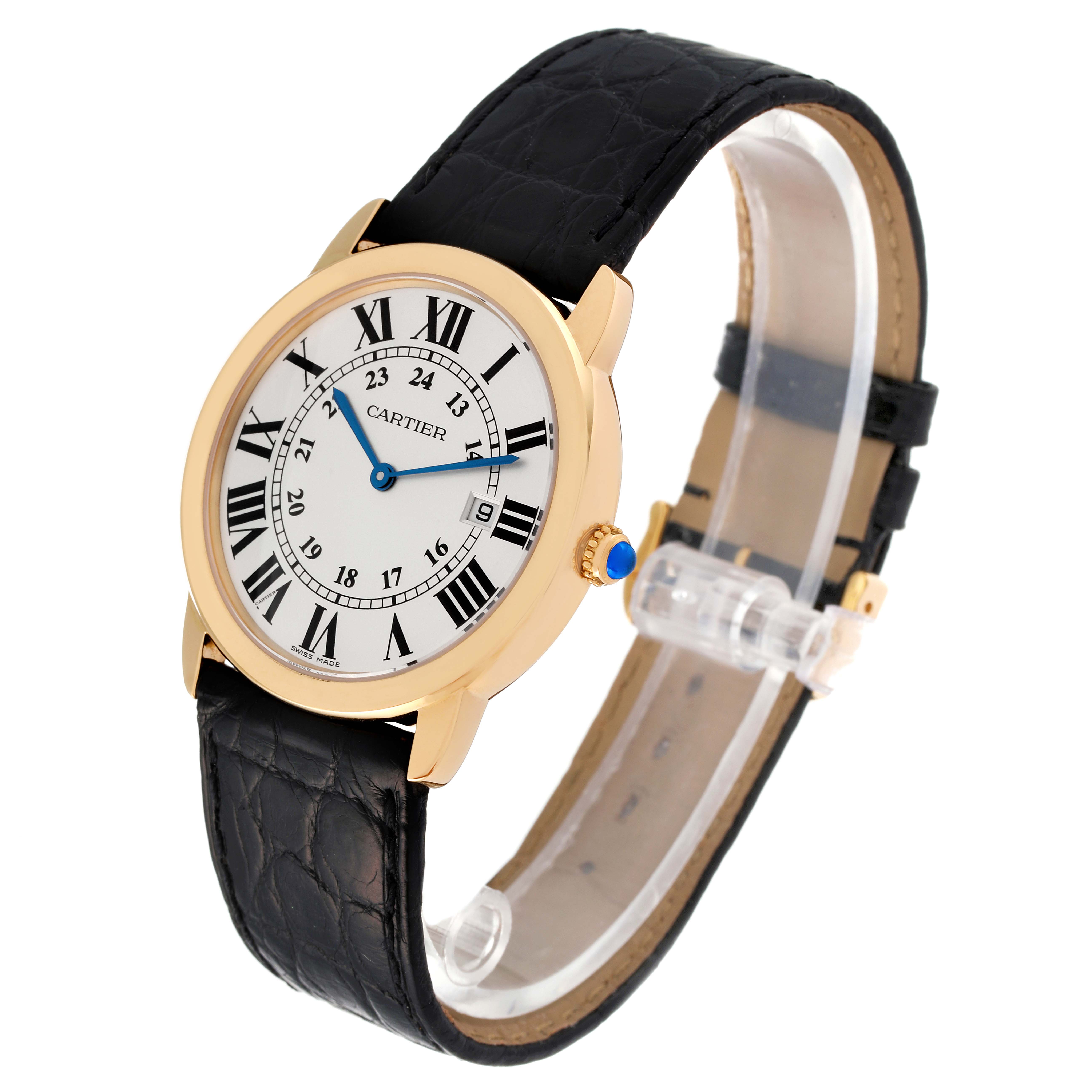 This image shows a Cartier Ronde W6700455 Men's Yellow Gold Silver Dial W6700455 Men's Yellow Gold Silver Dial model watch from a three-quarter angle, highlighting its face, strap, and side profile.