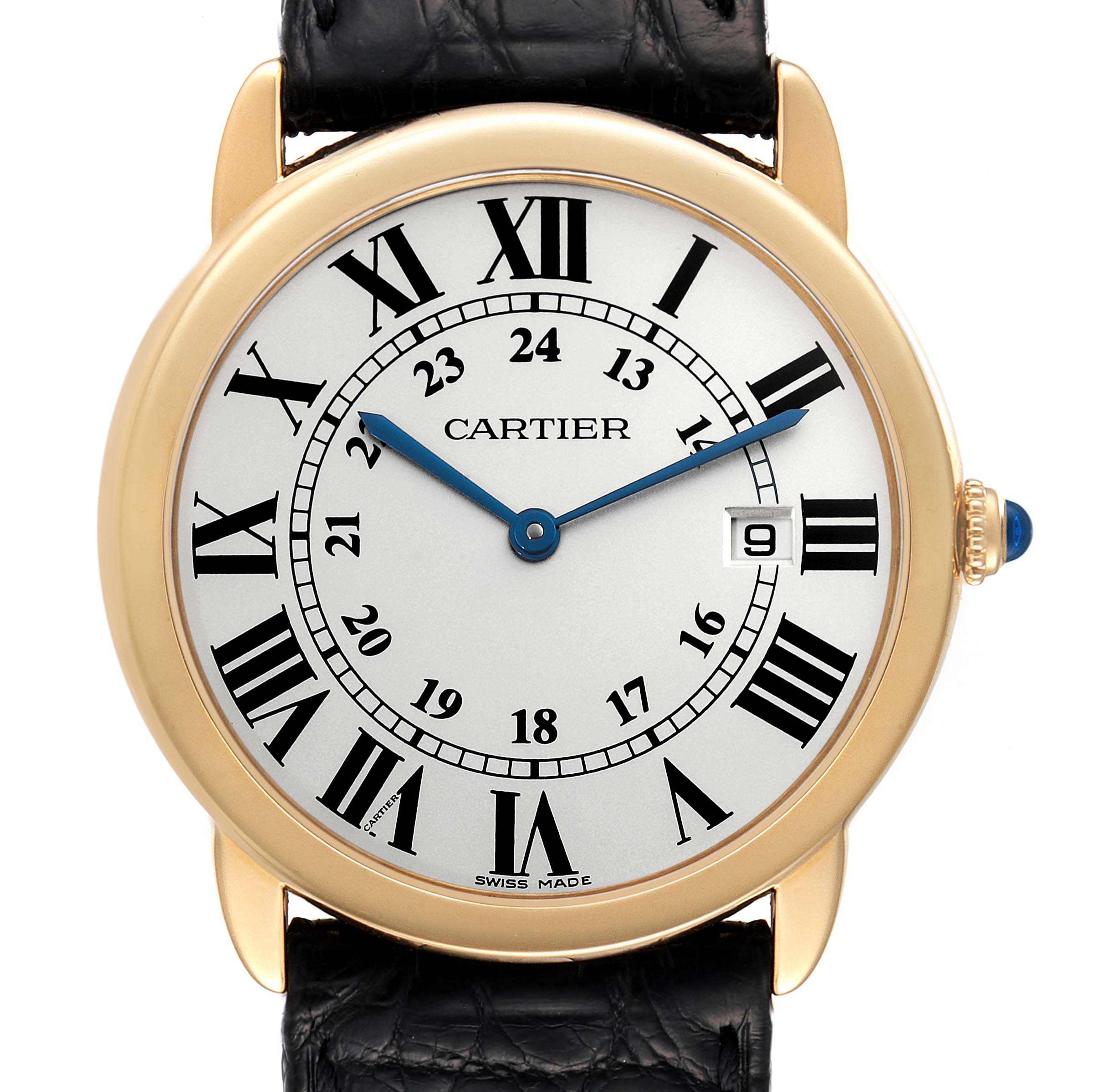 The image shows a close-up front view of the Ronde model watch by Cartier, highlighting the dial, Roman numerals, and date display.