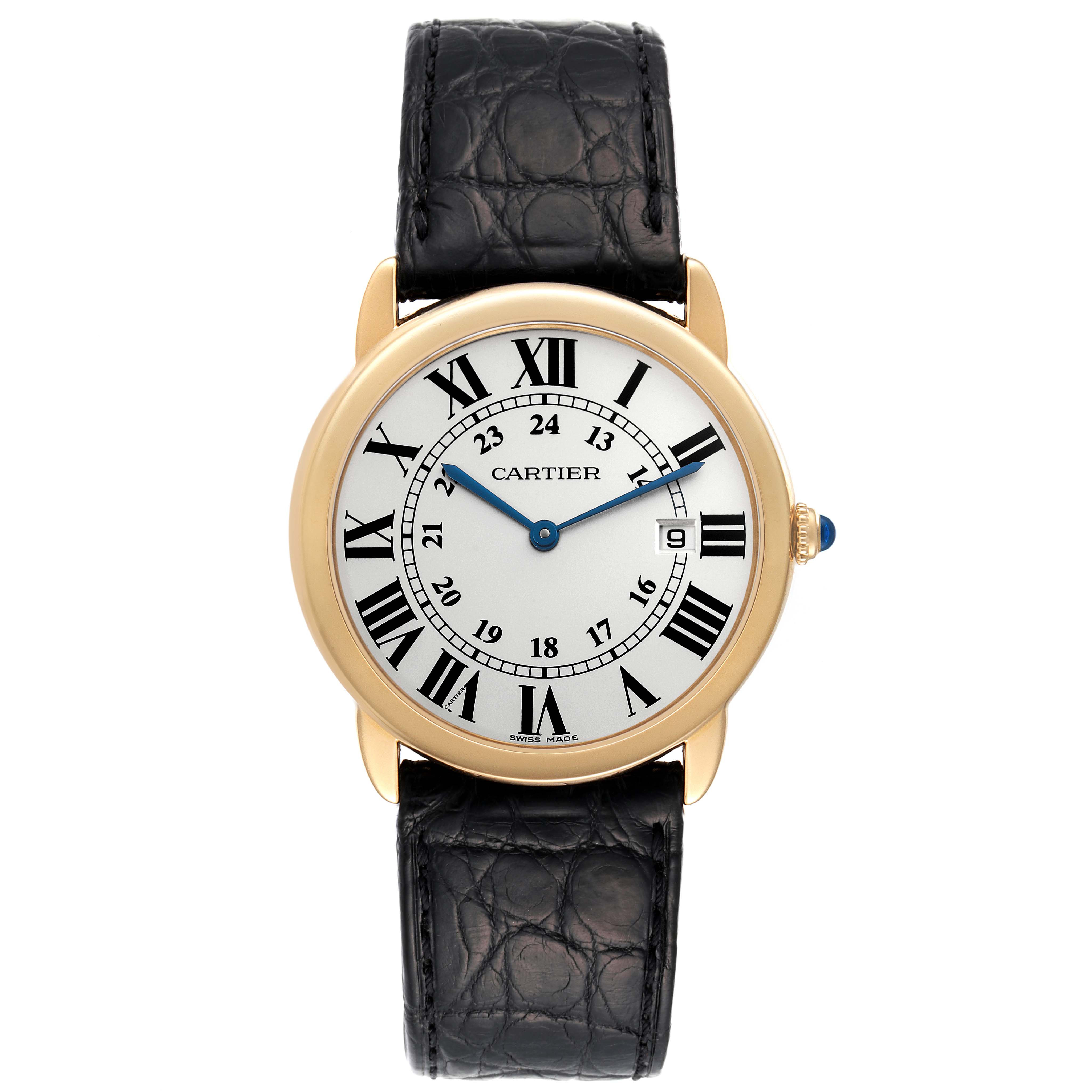 This image shows a front view of the Cartier Ronde W6700455 Men's Yellow Gold Silver Dial W6700455 Men's Yellow Gold Silver Dial watch, featuring a gold case, Roman numeral dial, and black leather strap.