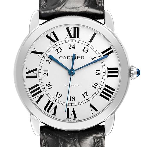The image shows a frontal view of the Cartier Ronde WSRN0021 Men's Stainless Steel Silver Dial watch, highlighting its round face, Roman numerals, and blue hands.