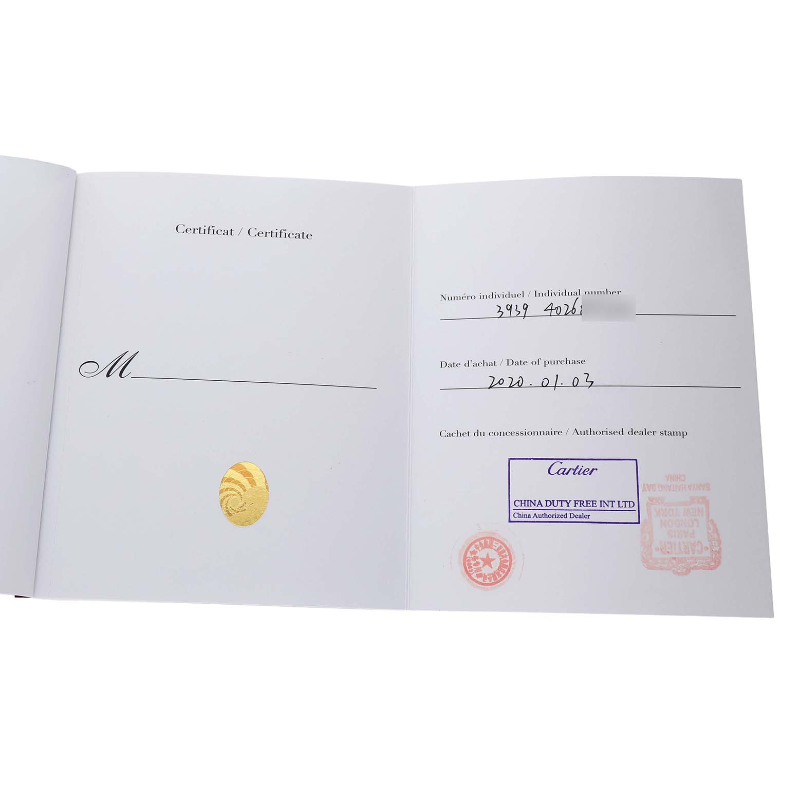 The image shows the certificate booklet for a Cartier Ronde WSRN0021 Men's Stainless Steel Silver Dial watch, including purchase details and a dealer stamp.