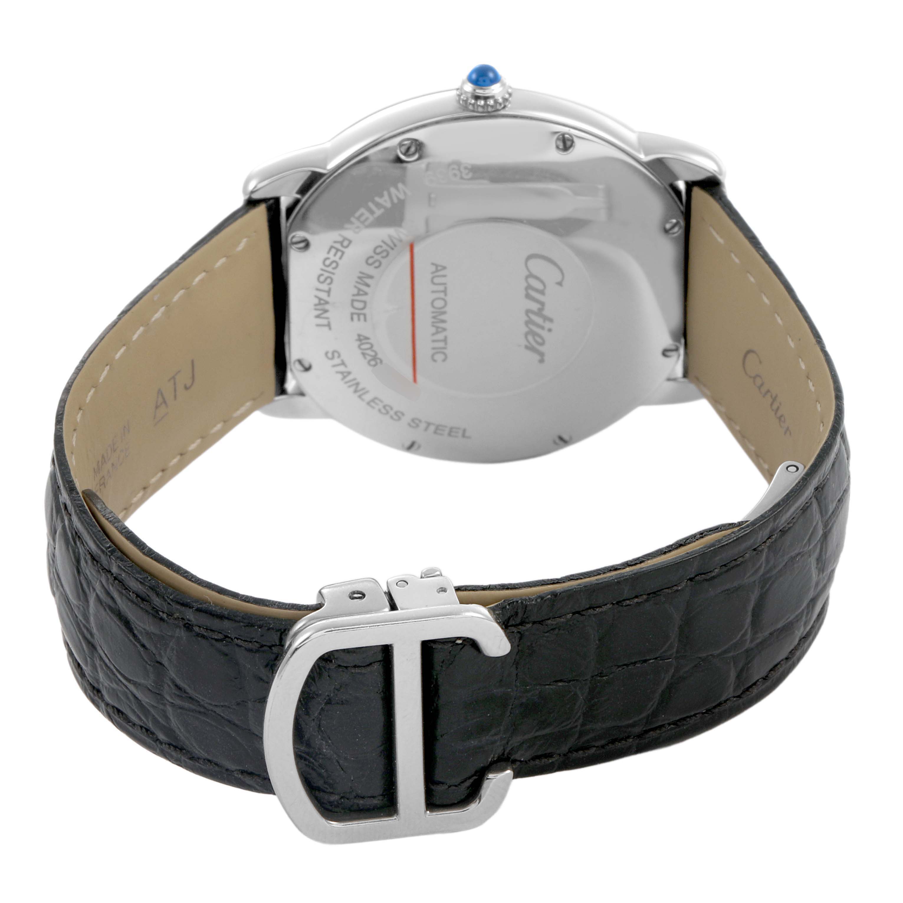 The image shows the back of the Cartier Ronde WSRN0021 Men's Stainless Steel Silver Dial watch, highlighting the case back, leather strap, and clasp.