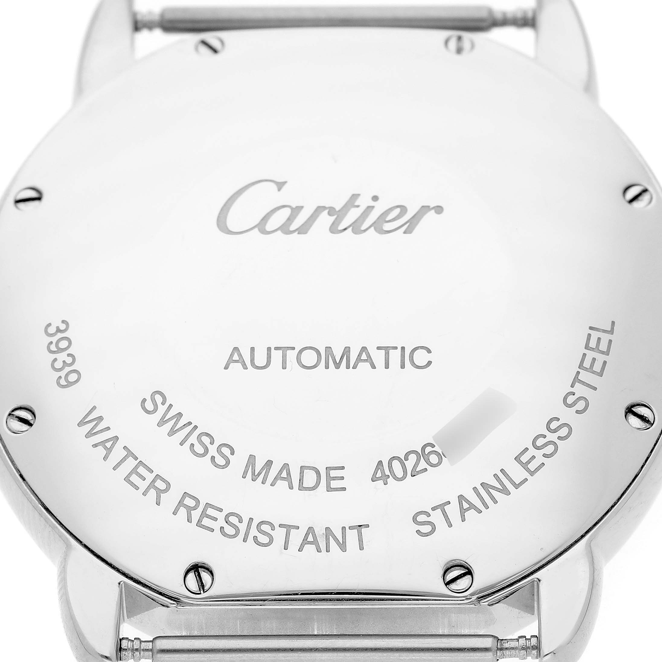 The image shows the back case of a Cartier Ronde WSRN0021 Men's Stainless Steel Silver Dial watch, highlighting its stainless steel construction and automatic movement.