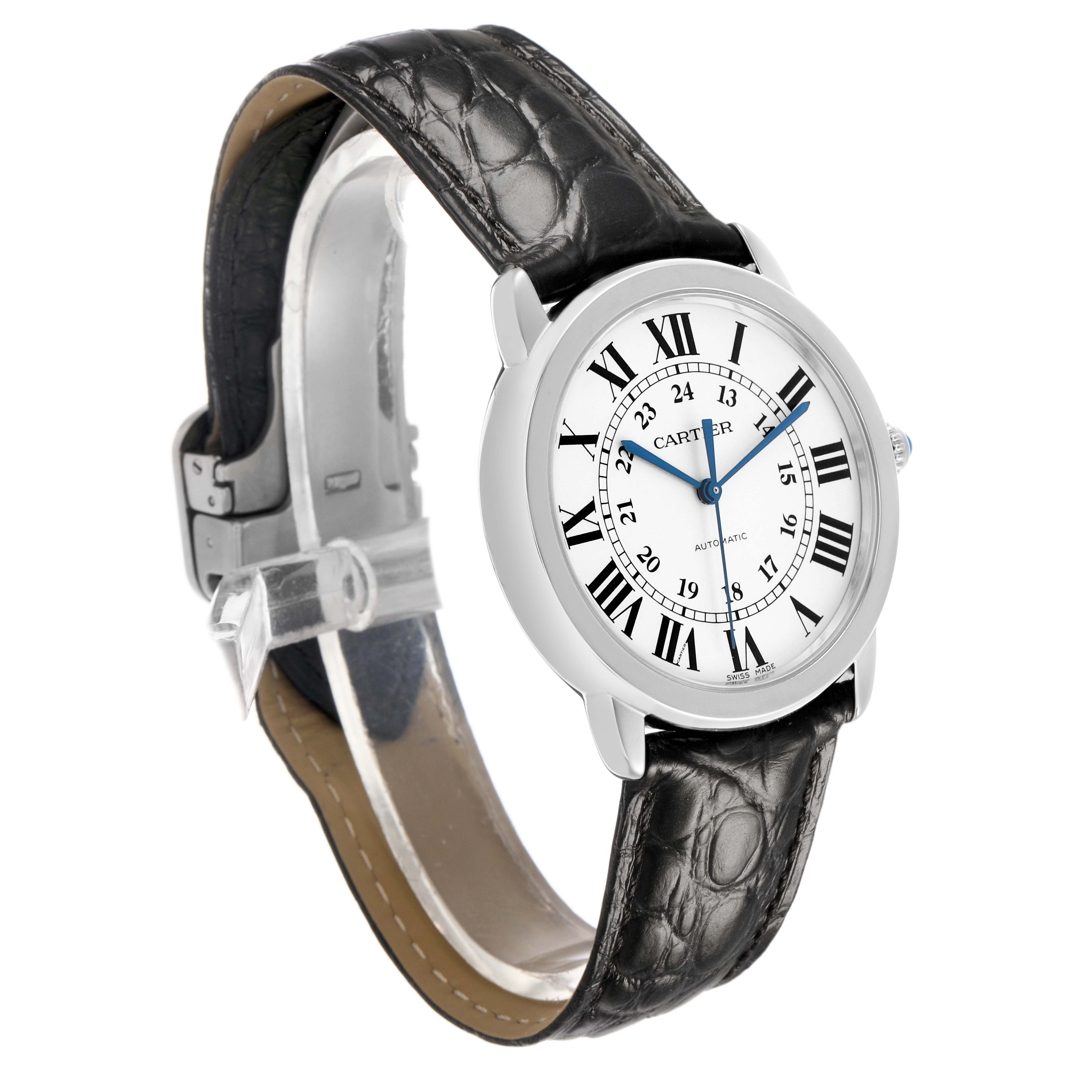 The Cartier Ronde WSRN0021 Men's Stainless Steel Silver Dial watch is shown at an angled view, highlighting its face, Roman numerals, and leather strap.
