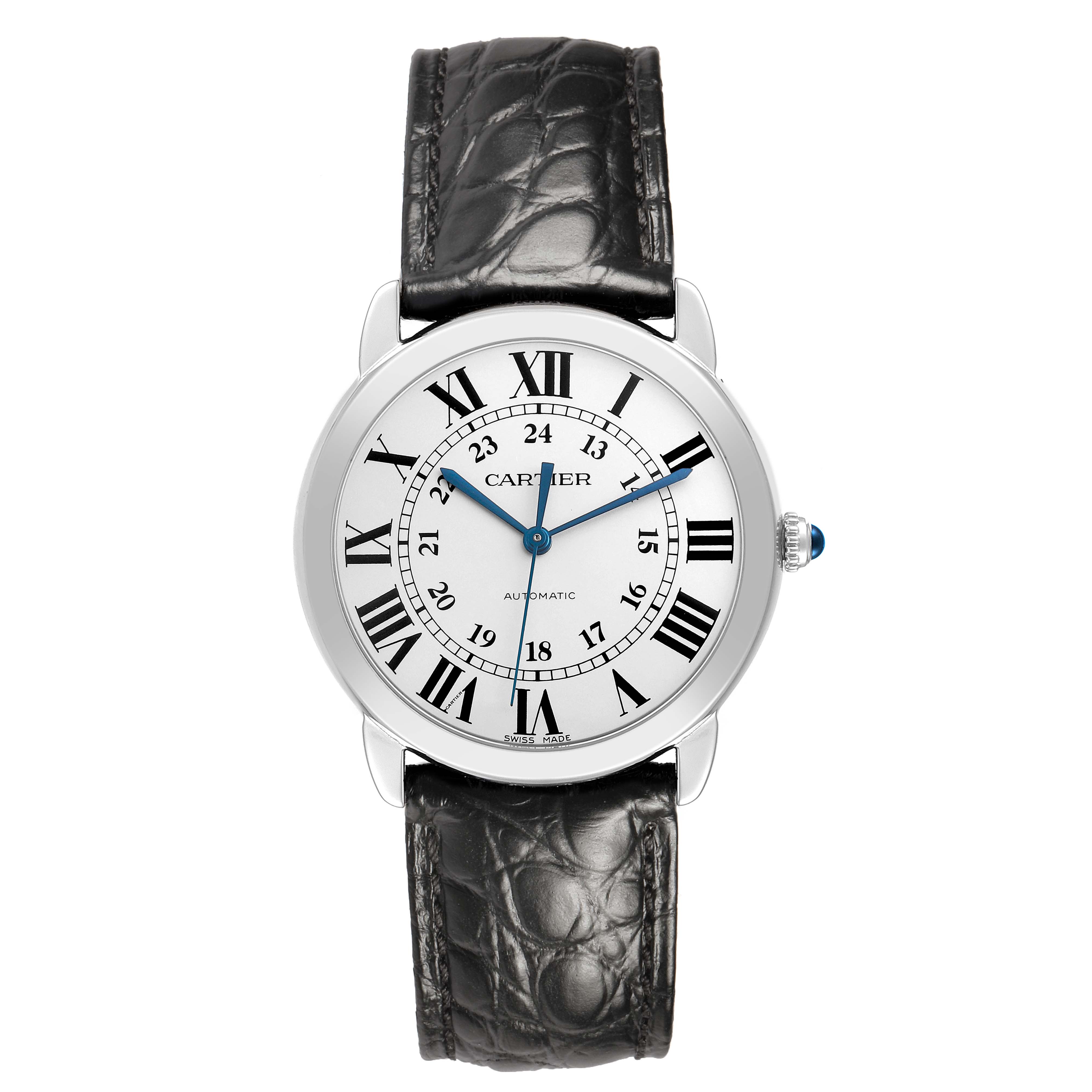 The Cartier Ronde WSRN0021 Men's Stainless Steel Silver Dial watch is shown from a front angle, displaying its face, blue hands, Roman numerals, and black leather strap.