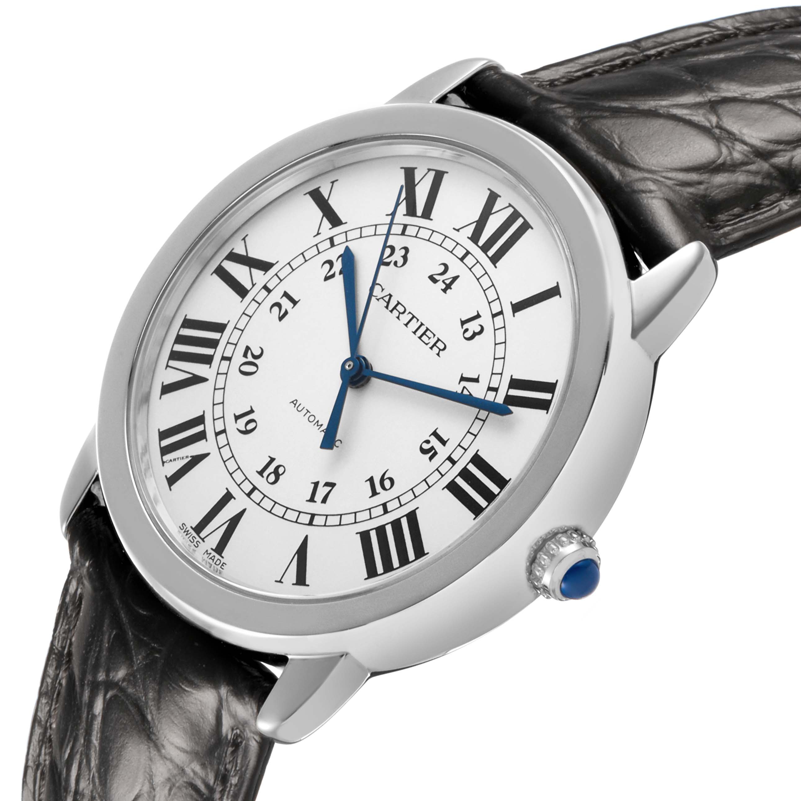 The Cartier Ronde WSRN0021 Men's Stainless Steel Silver Dial watch is shown at a slight angle, displaying its face, blue hands, Roman numerals, and crown with a blue cabochon.
