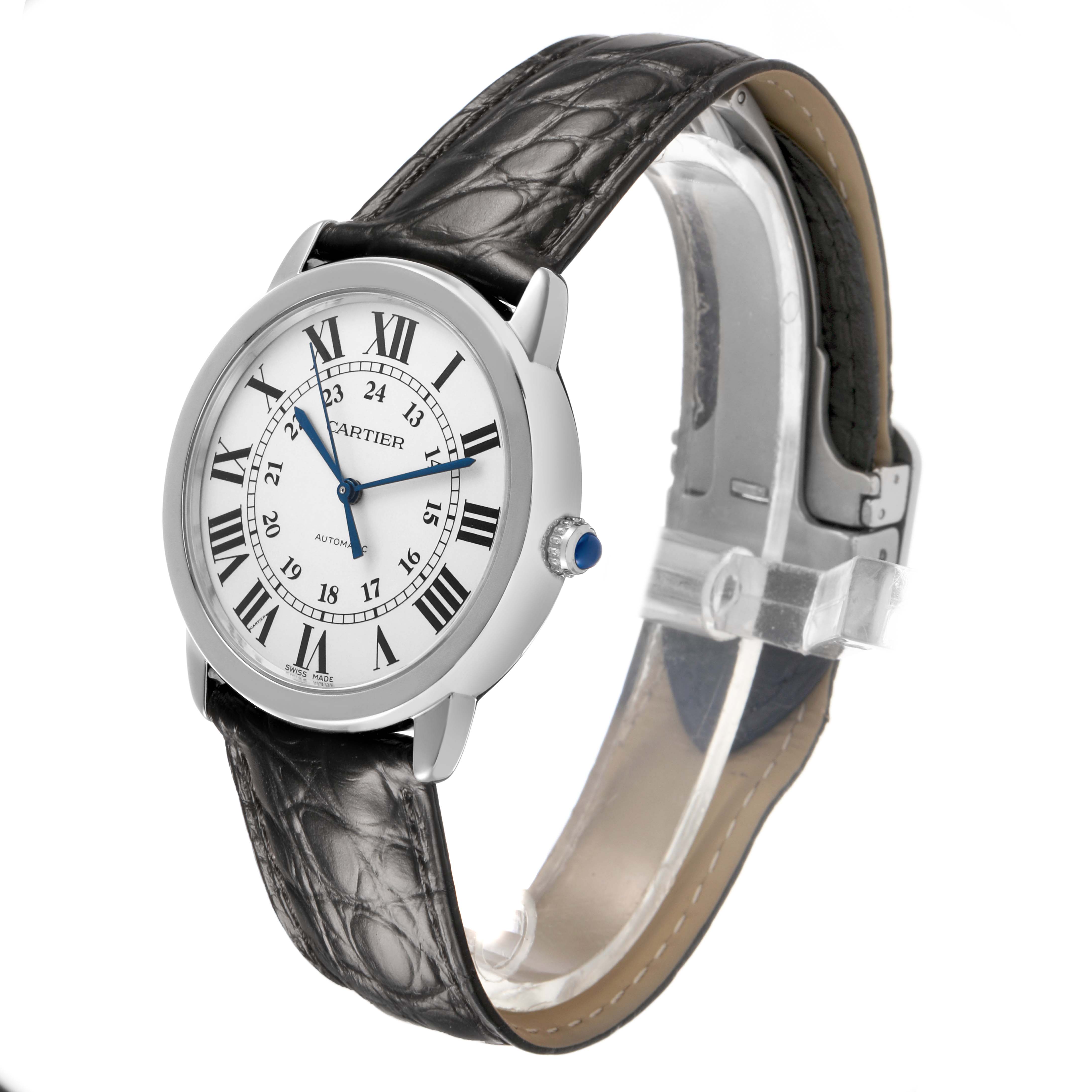 The Cartier Ronde WSRN0021 Men's Stainless Steel Silver Dial watch is shown at an angle highlighting the face, crown, and strap, with visible Roman numerals and a leather band.
