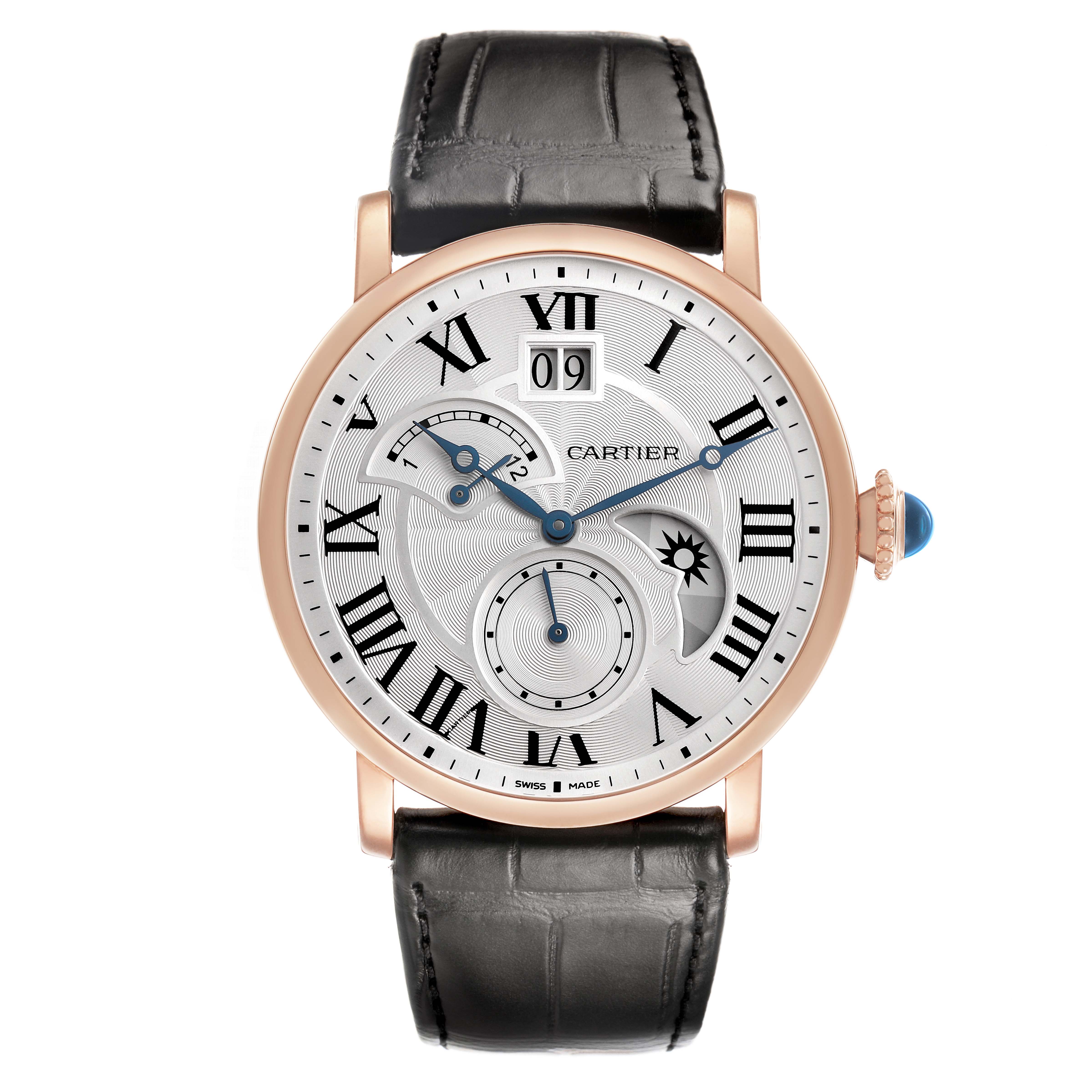 The Cartier Rotonde W1556240 Men's Rose Gold Silver Dial model watch is shown from the front, displaying its dial, hands, and leather strap.