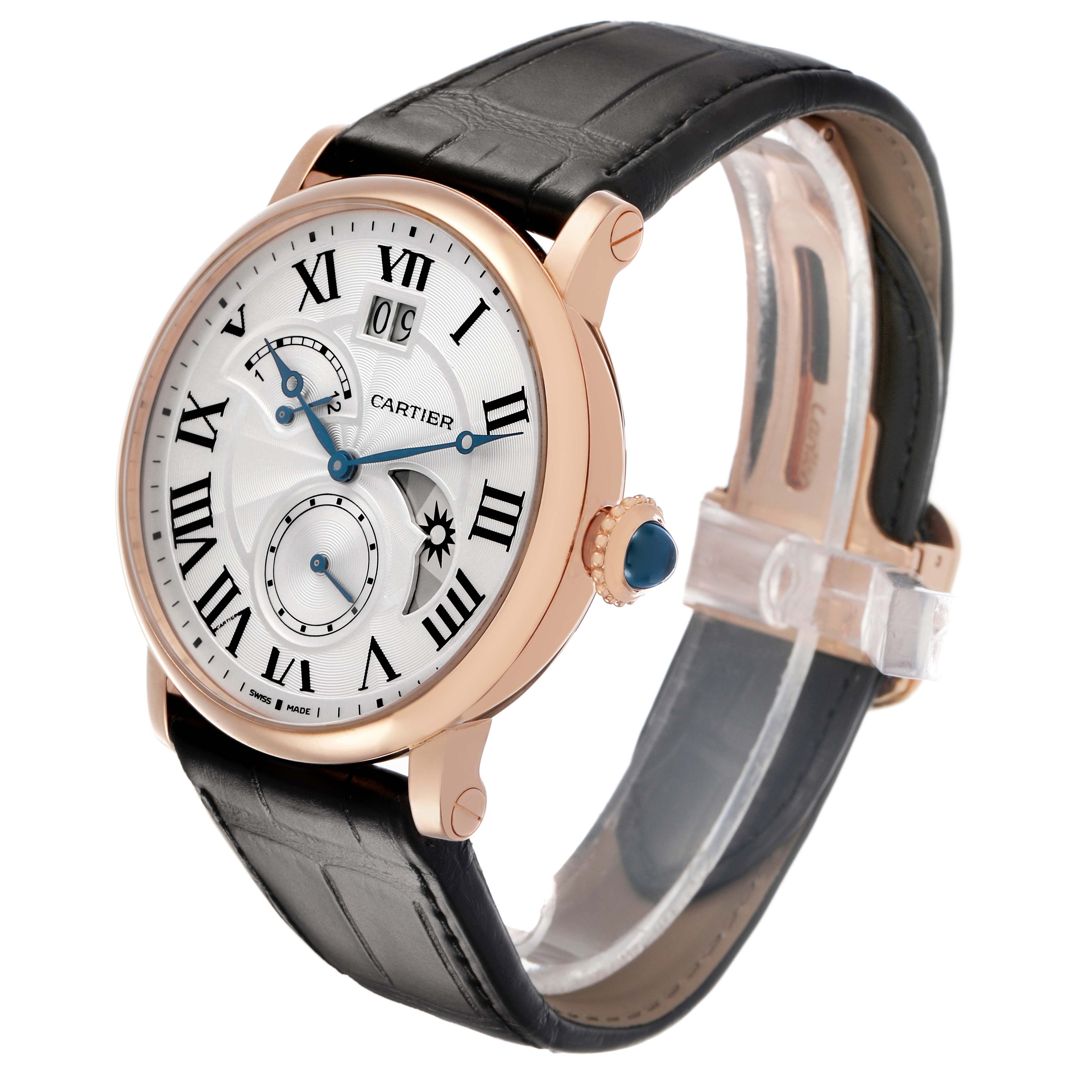 The Cartier Rotonde W1556240 Men's Rose Gold Silver Dial watch is shown at a three-quarter angle, highlighting its face, crown, and leather strap.