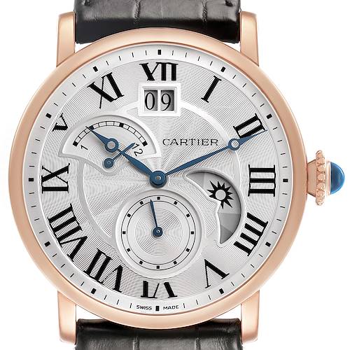 This image shows a Cartier Rotonde W1556240 Men's Rose Gold Silver Dial watch from the front, displaying its dial, Roman numerals, subdials, and crown with a blue cabochon.