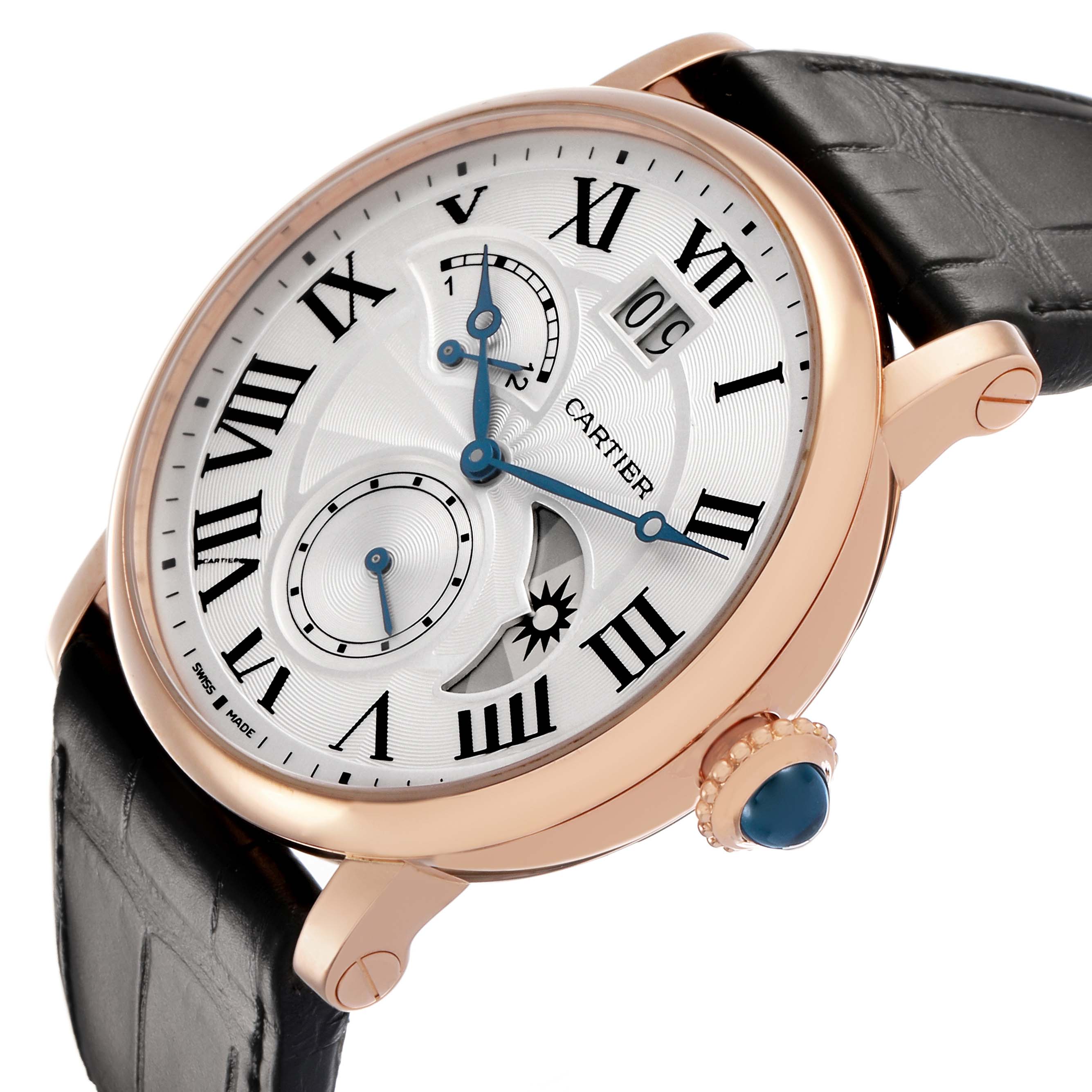The Rotonde de Cartier watch is shown at a slight angle, highlighting the dial, crown, and strap attachment.