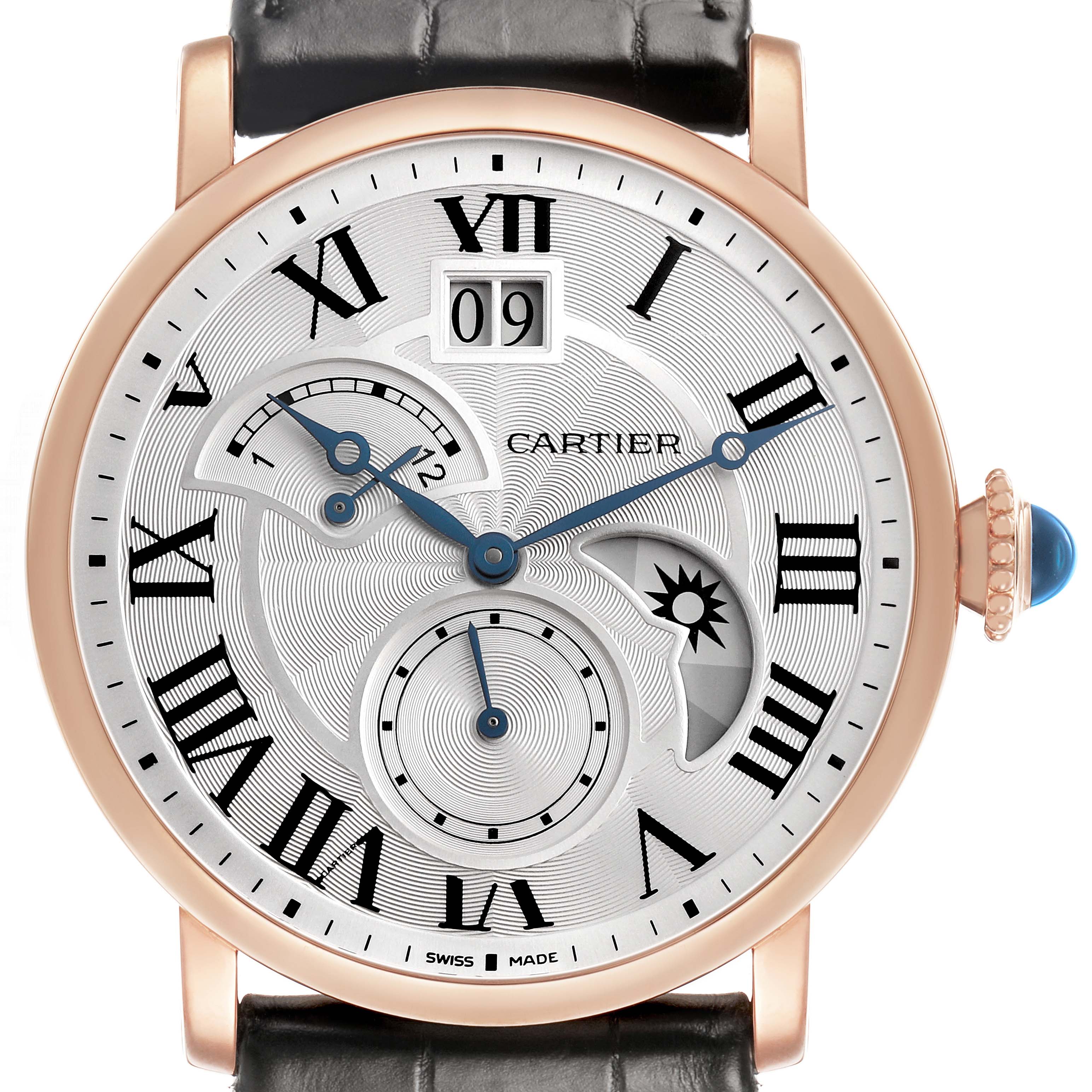 The Cartier Rotonde W1556240 Men's Rose Gold Silver Dial watch is shown from the front, displaying the dial with Roman numerals, a date window, and subdials.