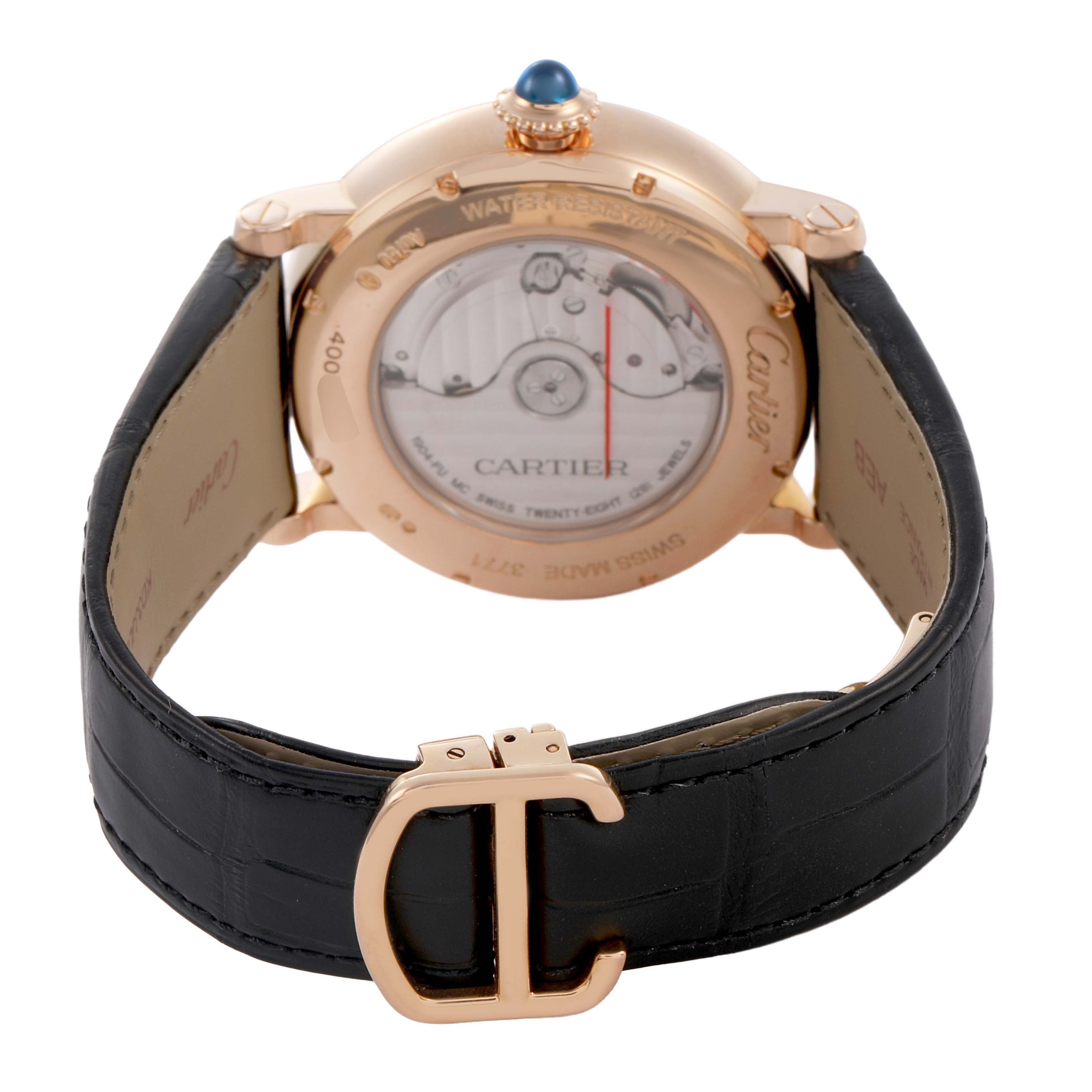 The image shows the back of the Rotonde model by Cartier, highlighting the movement and the leather strap with the clasp.