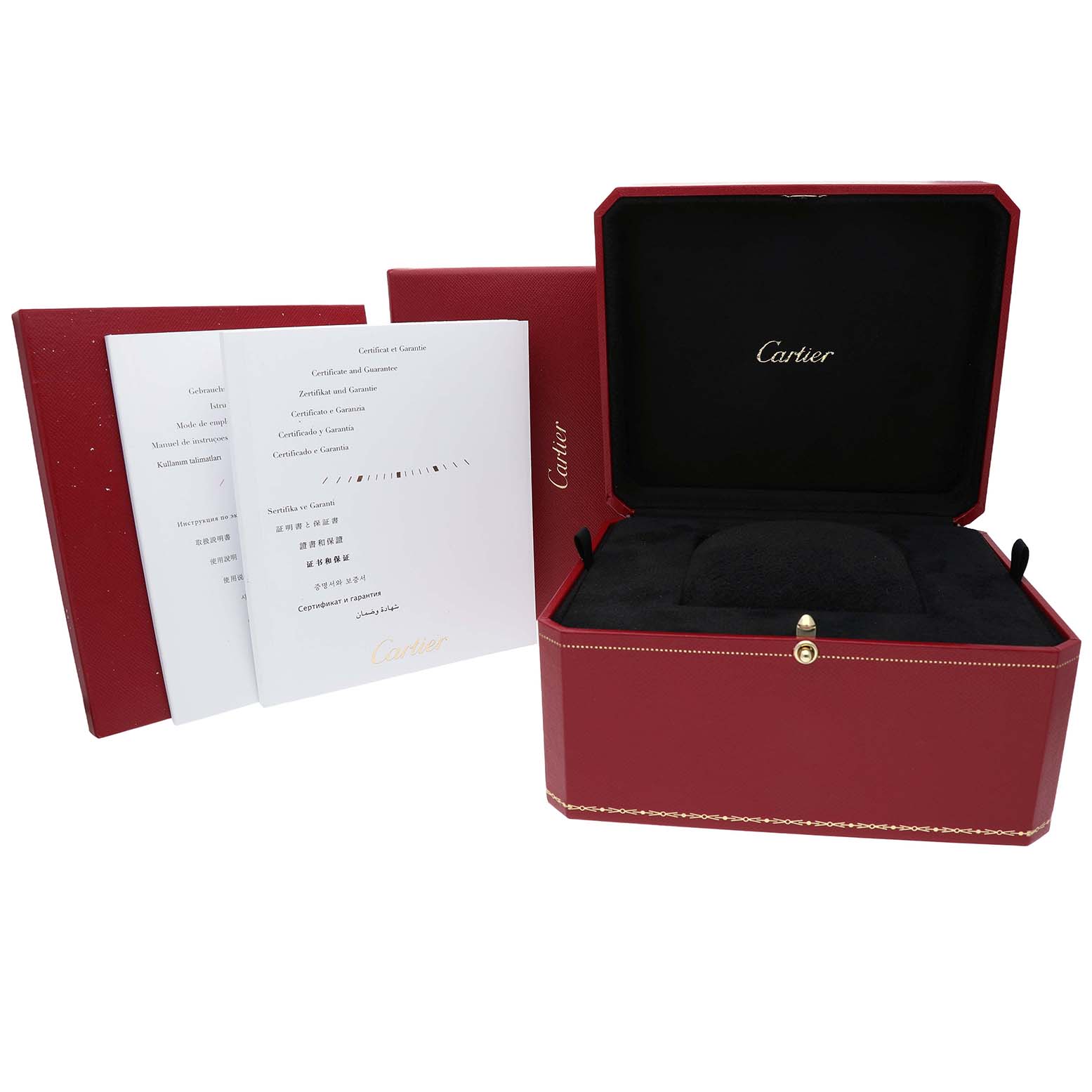 The image shows the Cartier Rotonde W1556240 Men's Rose Gold Silver Dial model's red storage box, open, alongside warranty certificates in multiple languages.