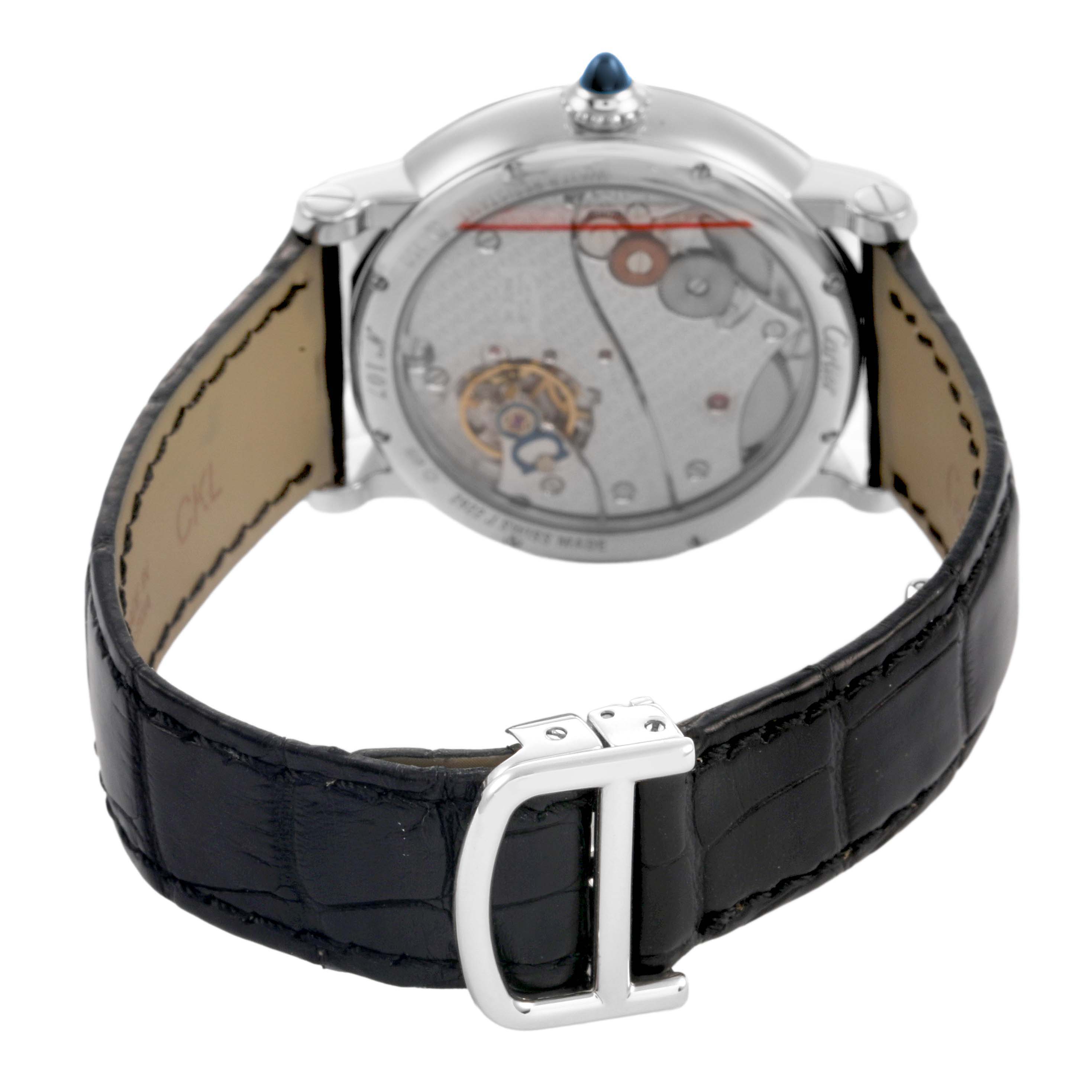 The image shows the back of the Cartier Rotonde W1552851 Men's White Gold Silver Dial watch, featuring an open case back and a leather strap with a clasp.