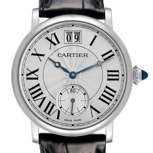 The image shows a front view of the Cartier Rotonde W1552851 Men's White Gold Silver Dial watch, highlighting its dial, Roman numerals, hands, and date display.