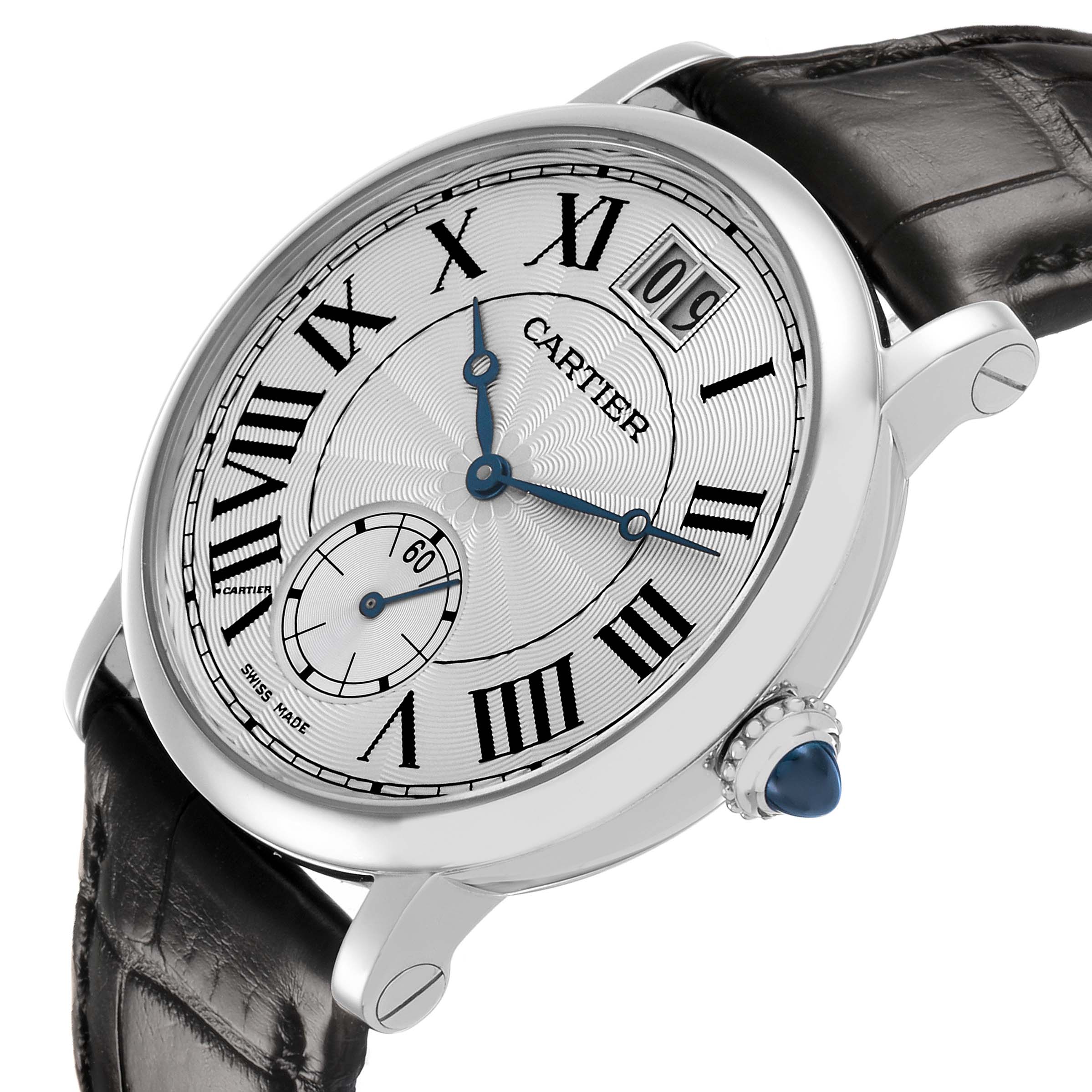 The image shows a side angle of the Cartier Rotonde W1552851 Men's White Gold Silver Dial watch, highlighting the face, Roman numerals, hands, crown, and leather strap.