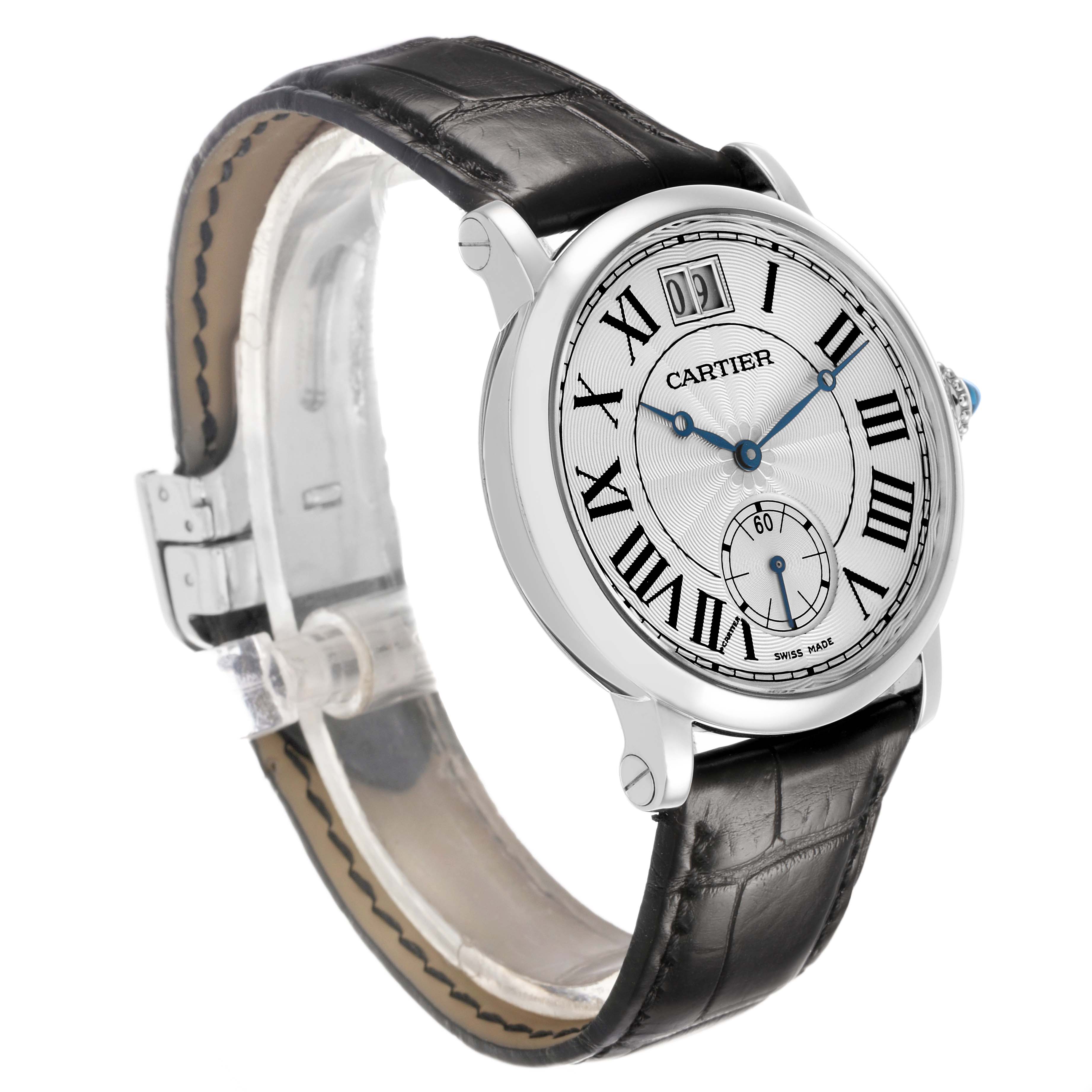 The Cartier Rotonde W1552851 Men's White Gold Silver Dial watch is shown at a side angle, featuring the dial, strap, and clasp.