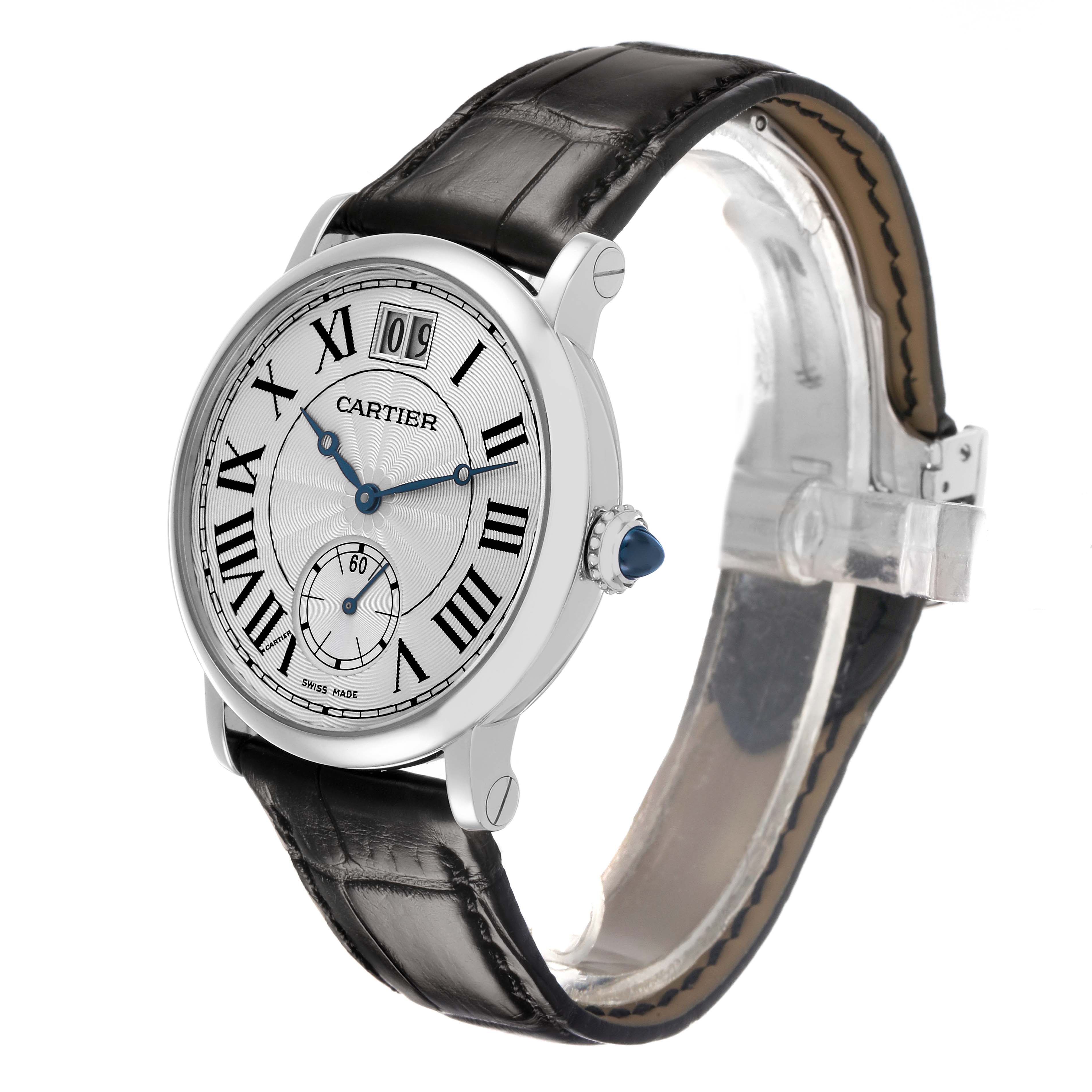 The image shows a side angle of the Cartier Rotonde W1552851 Men's White Gold Silver Dial watch, highlighting the face, crown, and strap.