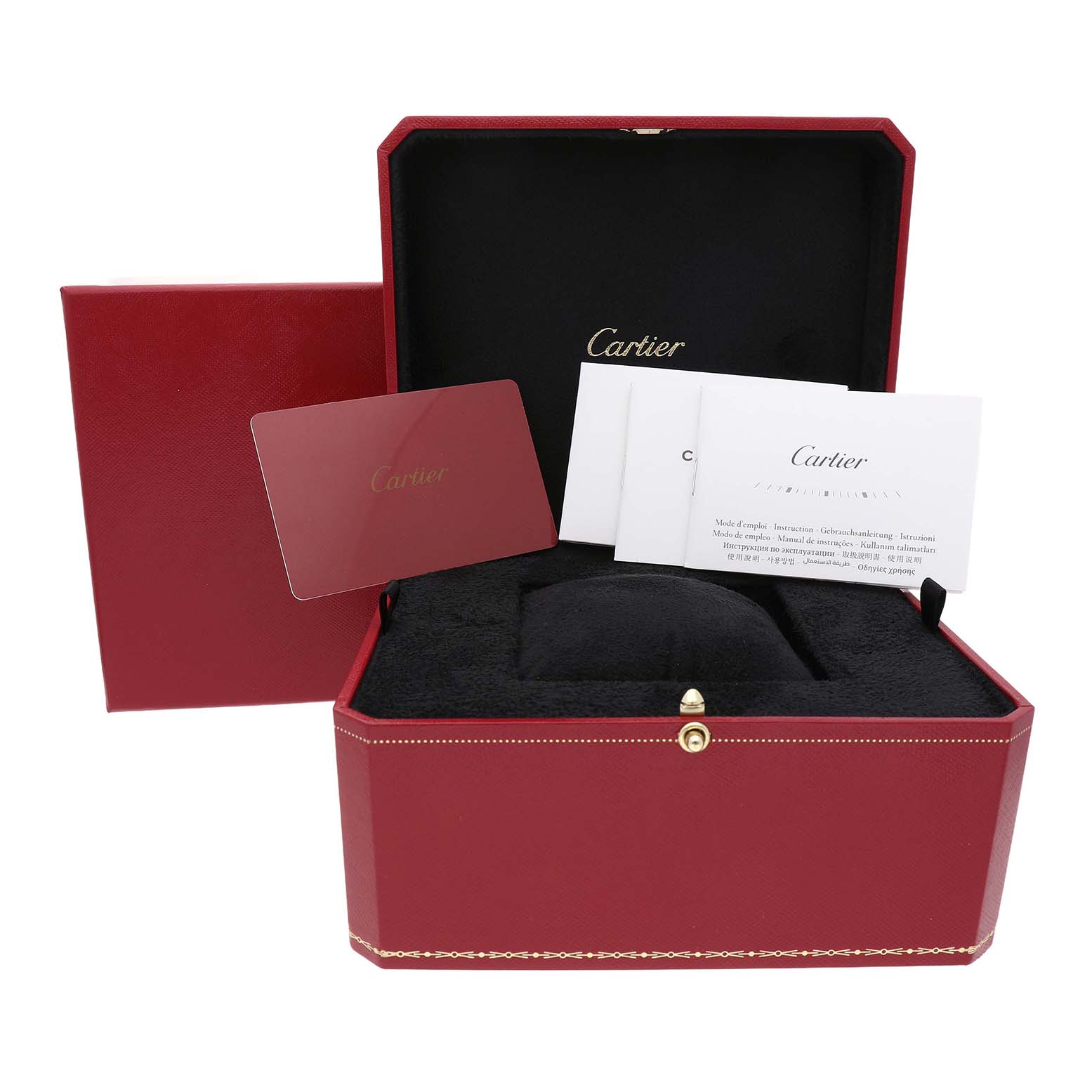 The image shows a Cartier Rotonde W1552851 Men's White Gold Silver Dial watch box and accessories from a front angle, including papers and a card.