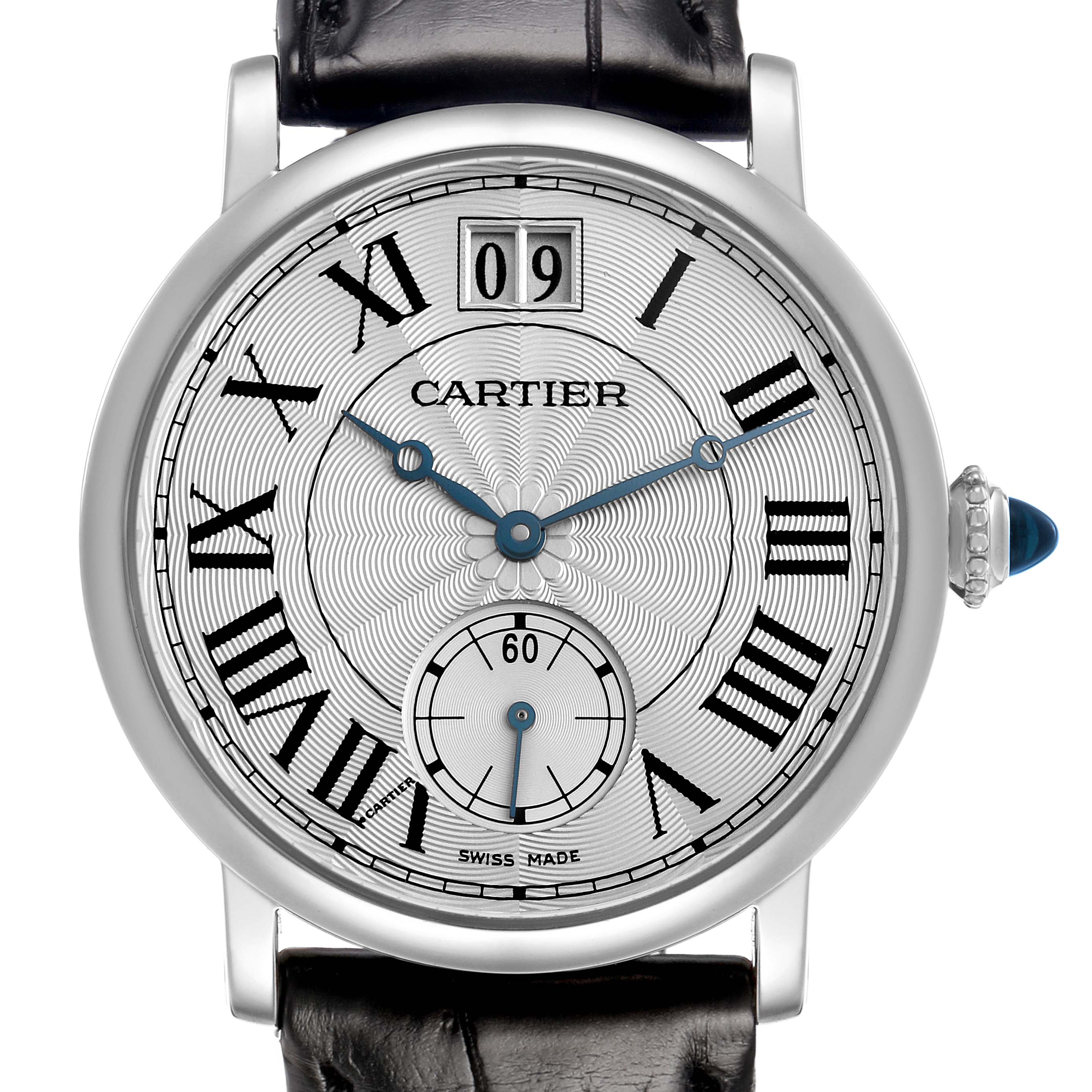 This Cartier Rotonde W1552851 Men's White Gold Silver Dial watch is shown from a front angle, displaying the dial, Roman numerals, blue hands, and date window.