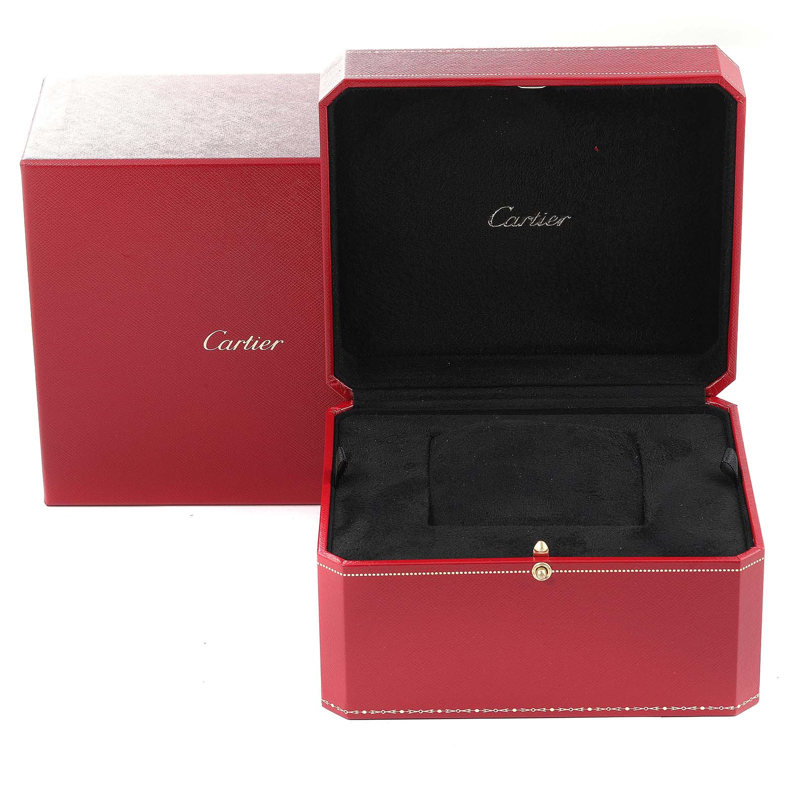 This image shows an open red Cartier watch box for the Santos model, revealing a black interior.